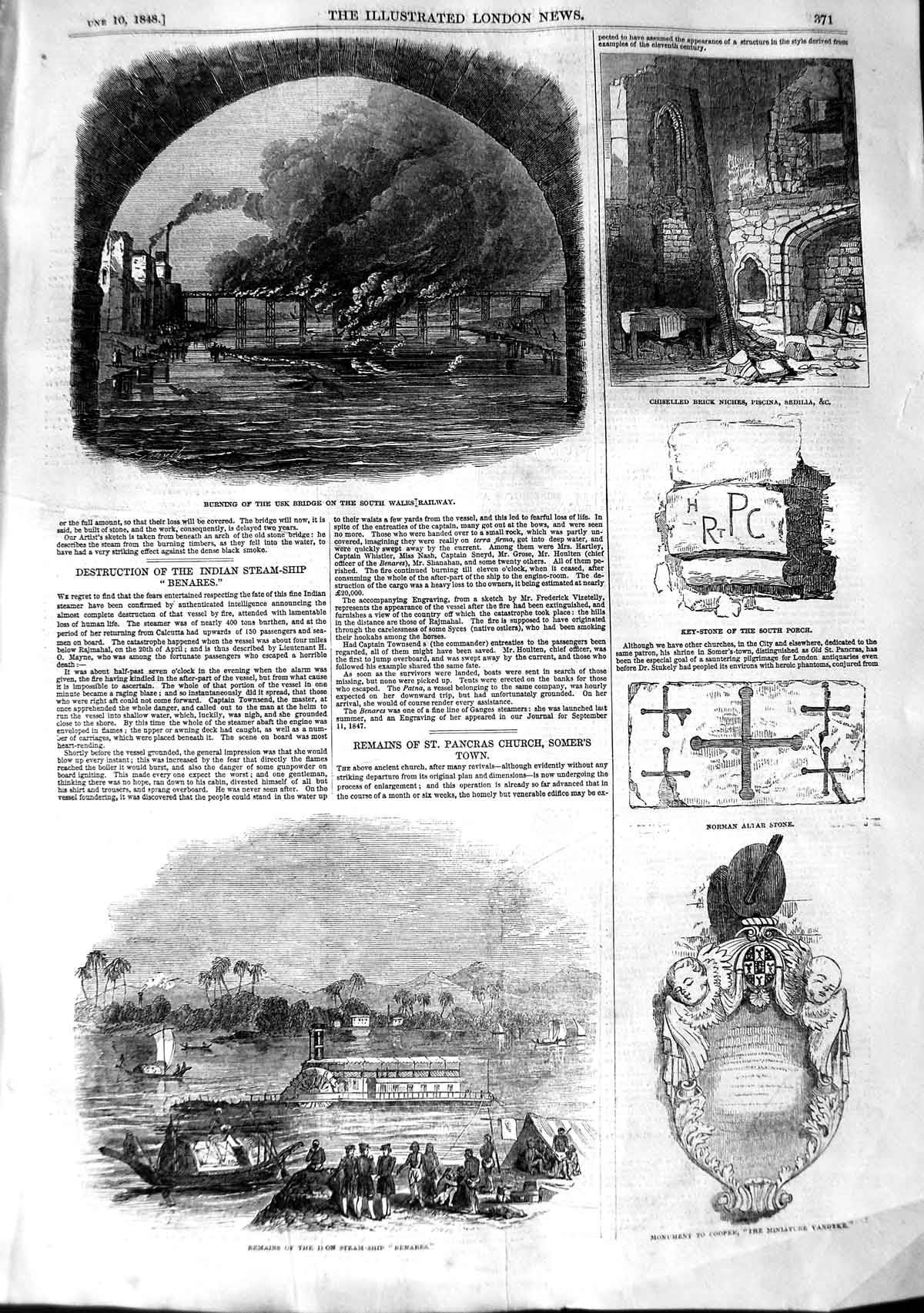 Old Antique Print 1848 Fire Usk Bridge Wales Railway Steams Hip Benares 19th