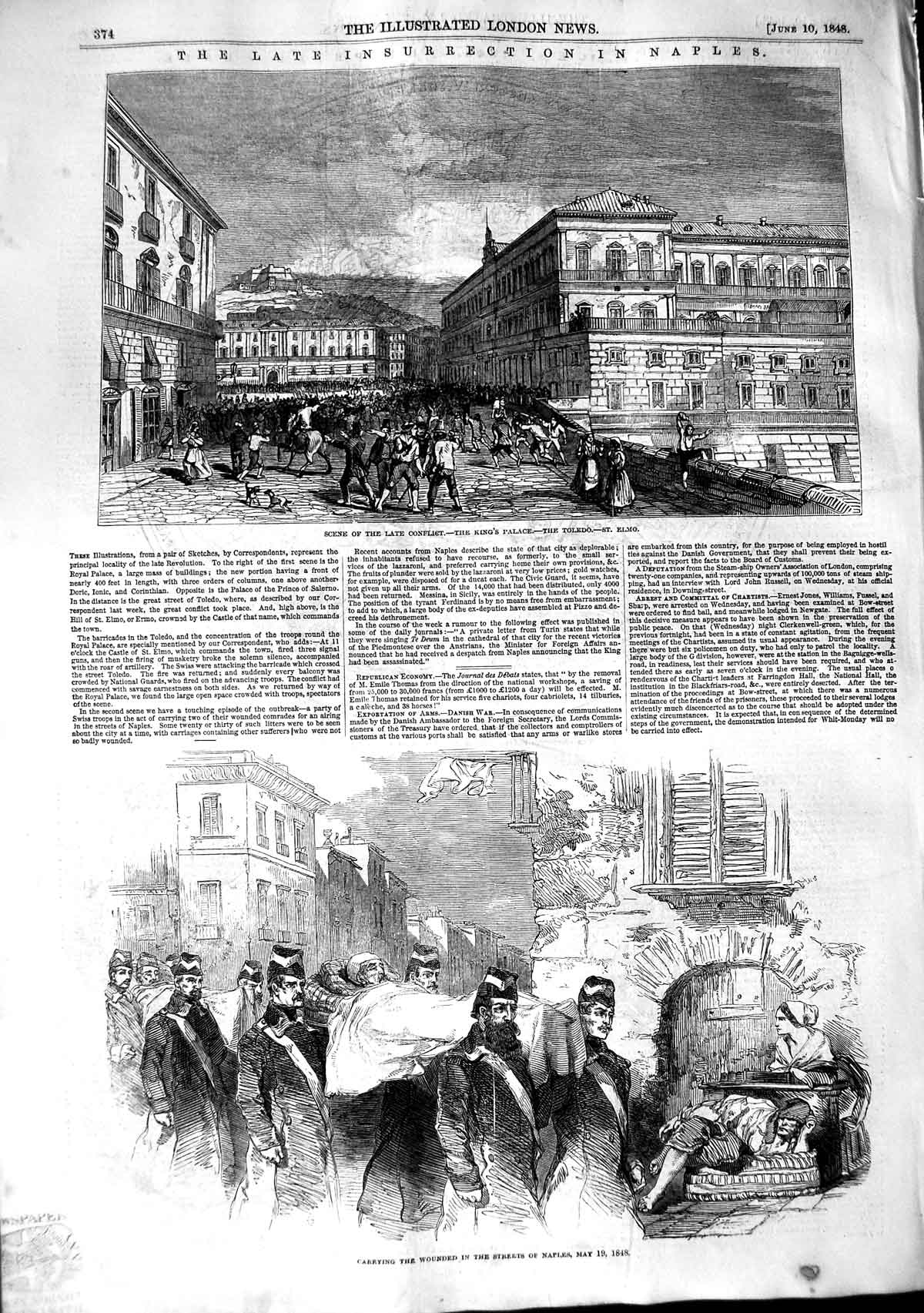 Old Antique Print 1848 Insurrection Naples King'S Palace Toledo St. Elmo 19th