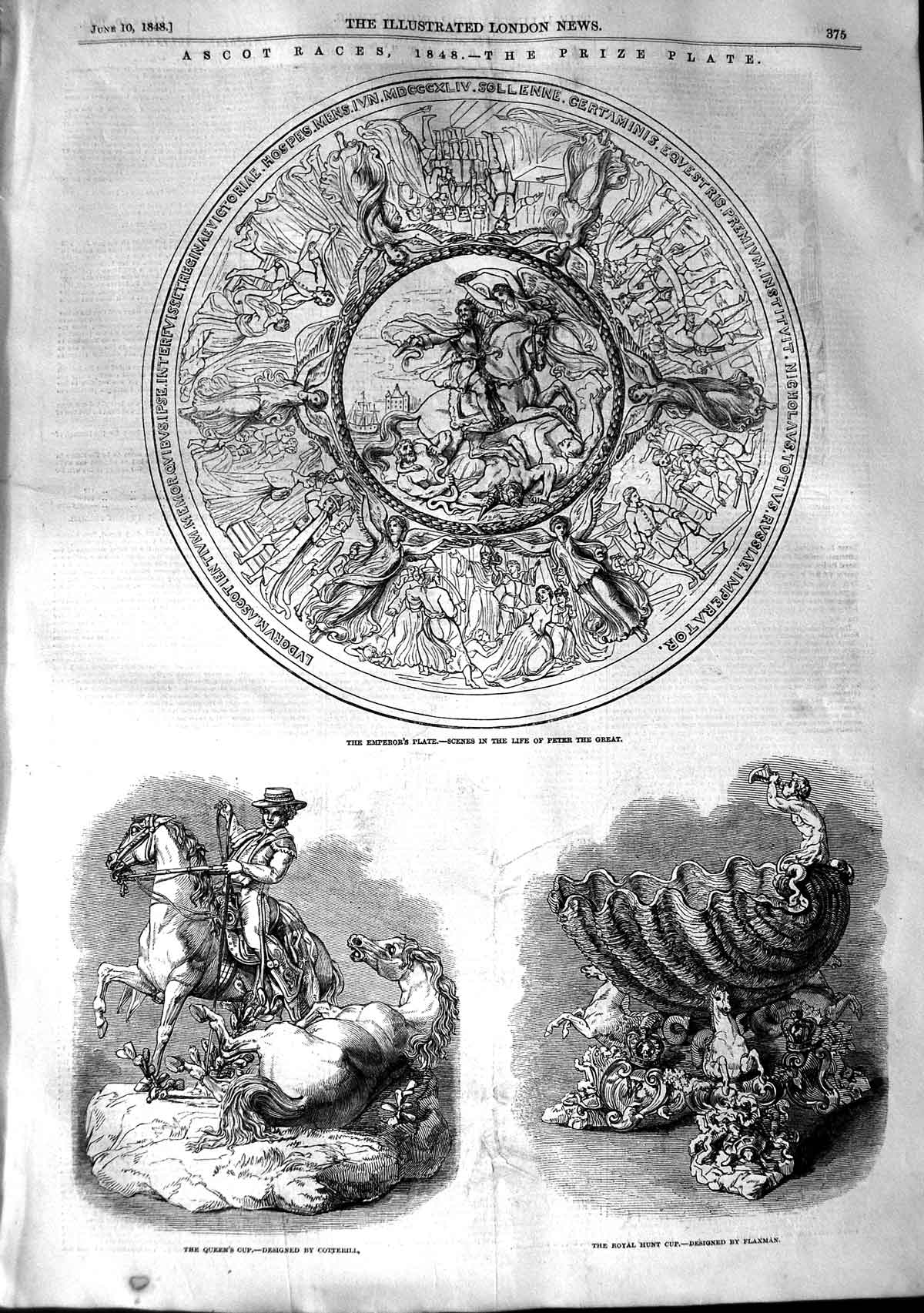Old Antique Print 1848 Ascot Races Emperor'S Plate Queen'S Cup Royal Hunt 19th