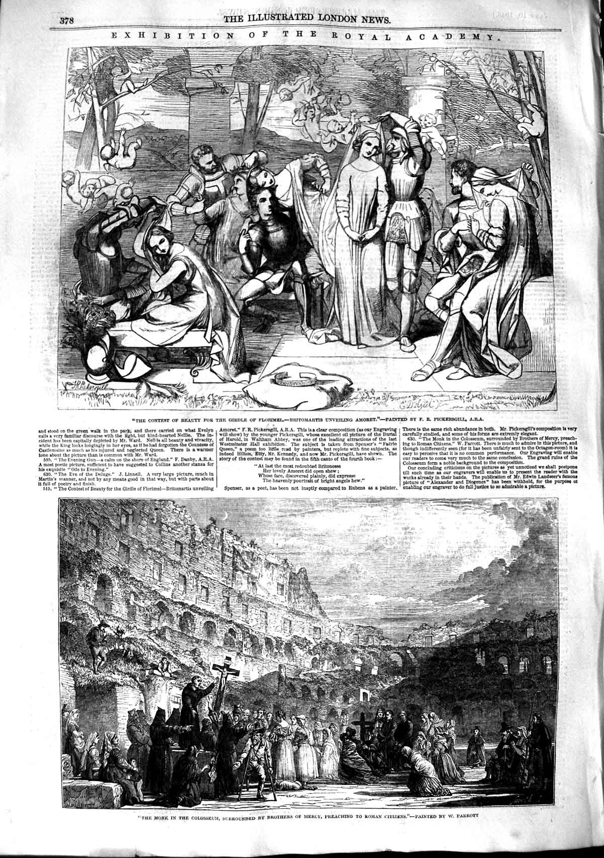 Original Old Antique Print 1848 Girdle Florimel Amoret Monk Colosseum Victorian