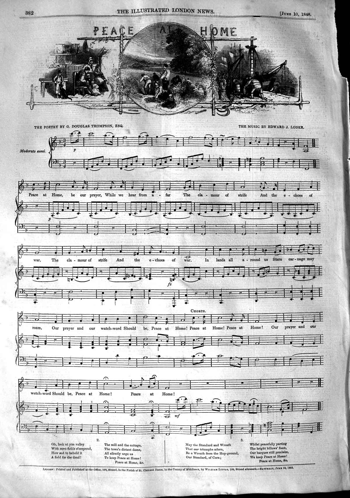 Original Old Antique Print 1848 Sheet Music Peace At Home Thompson Edward Loder