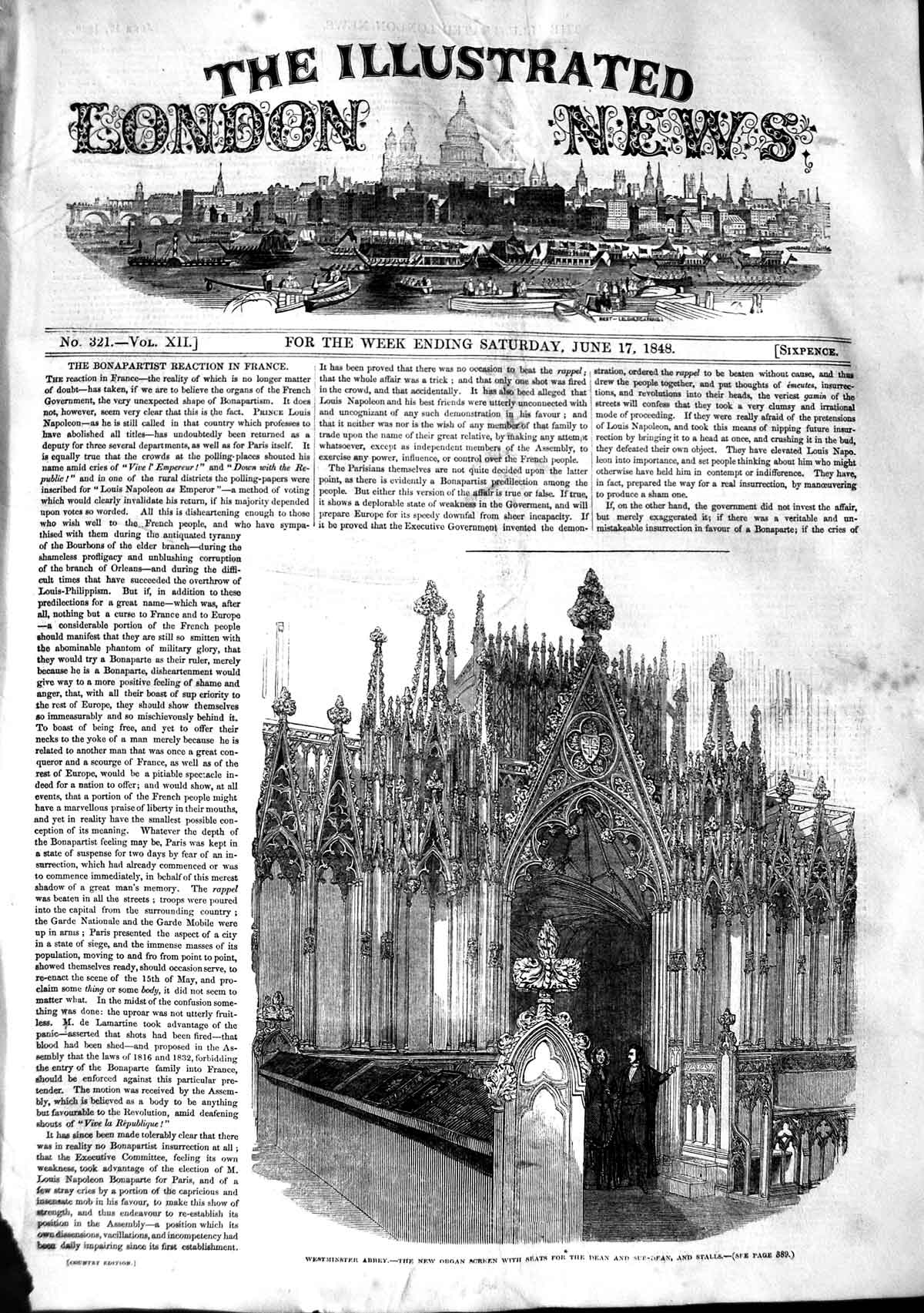 Original Old Antique Print 1848 Westminster Abbey Organ Screen Dean Stalls 19th