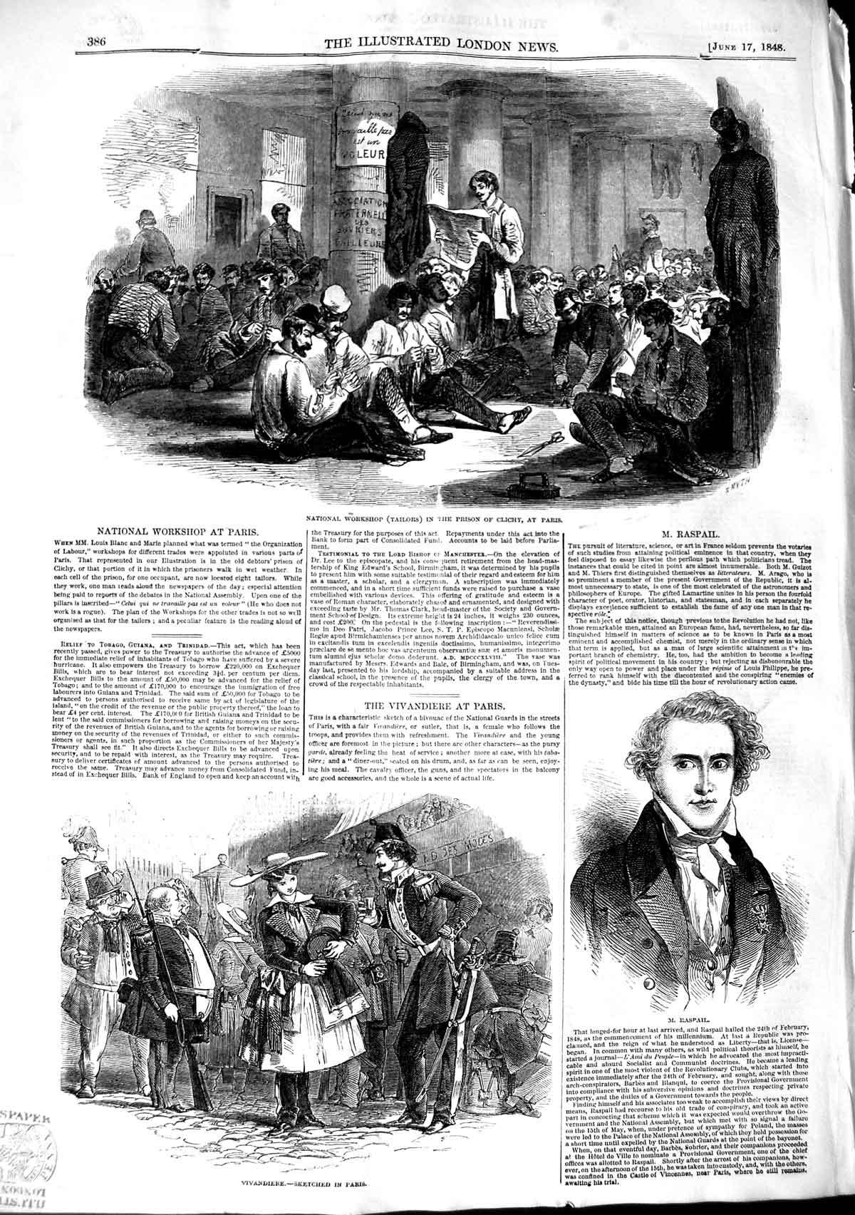 Original Old Antique Print 1848 Tailors Workshop Prison Clichy Paris Vivandiere