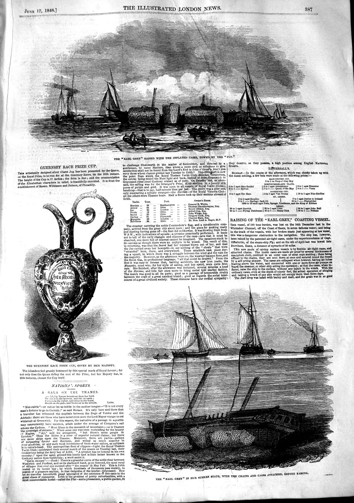 Old Antique Print 1848 Earl Grey Ship Wreck Fly Guernsey Prize Race Cup 19th