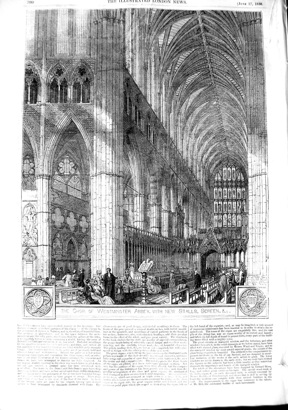 Old Antique Print 1848 Choir Westminster Abbey Architecture Screen Stall 19th