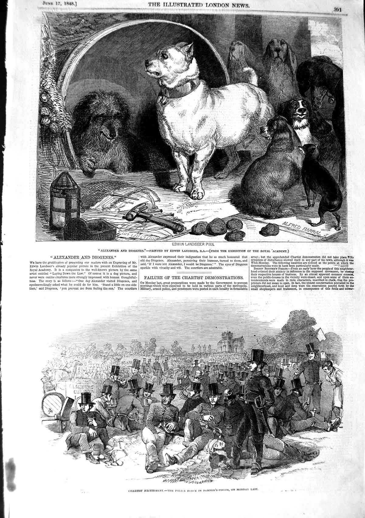 Old Antique Print 1848 Alexander Diogenes Dogs Landseer Police Bonner'S 19th