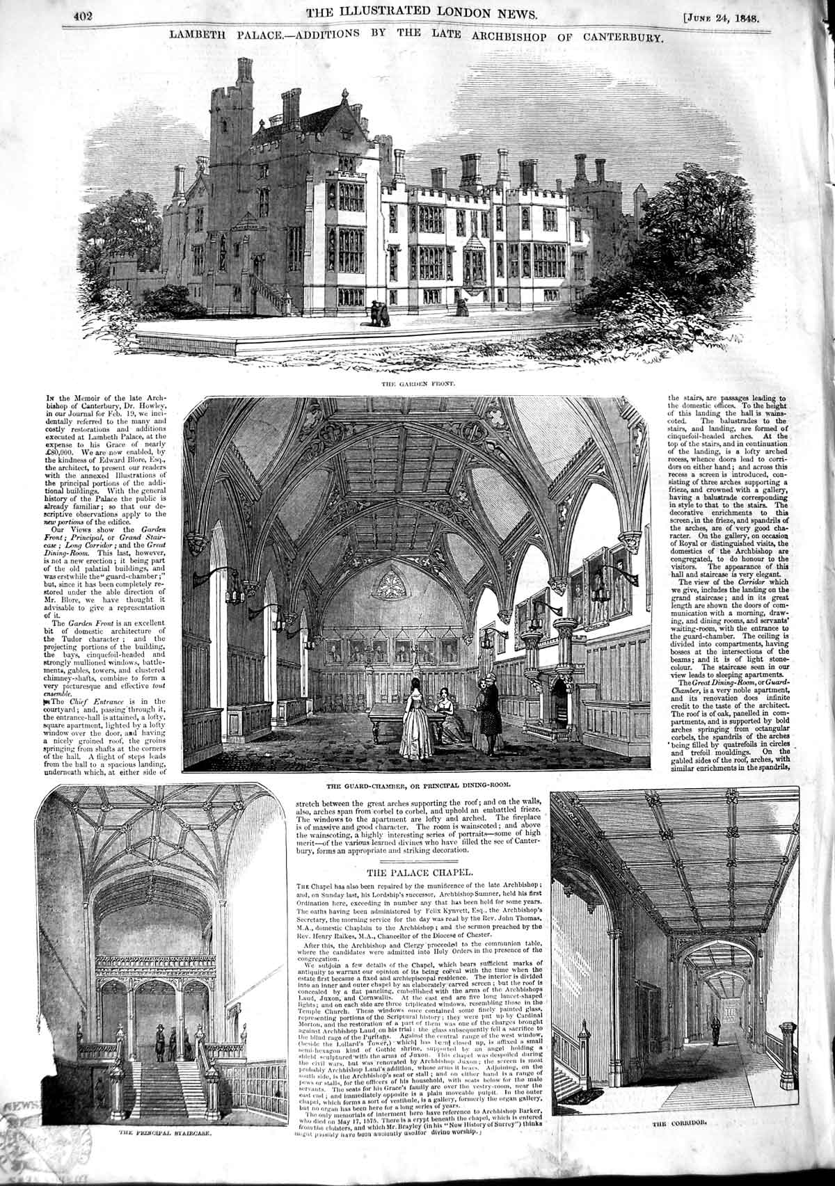 Old Antique Print 1848 Lambeth Palace Archbishop Canterbury Westminster 19th