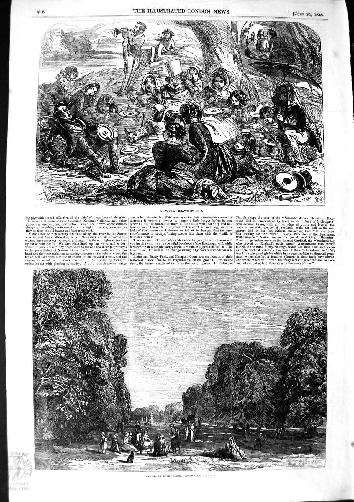 Original Old Antique Print 1848 Picnic Bushey Park Family Scene Dodgson Phiz