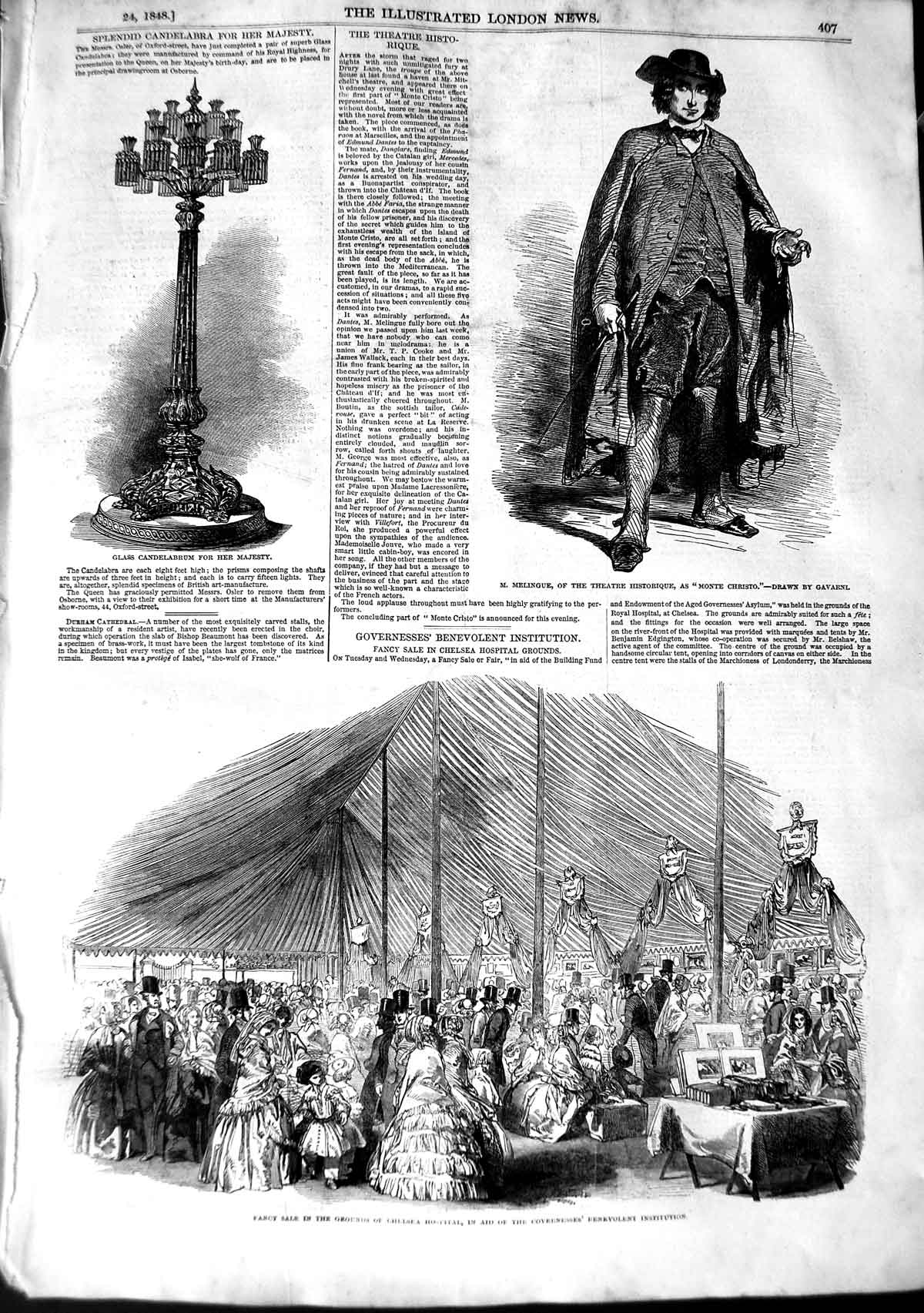 Original Old Antique Print 1848 Melingue Theatre Monte Christo Chelsea H 19th
