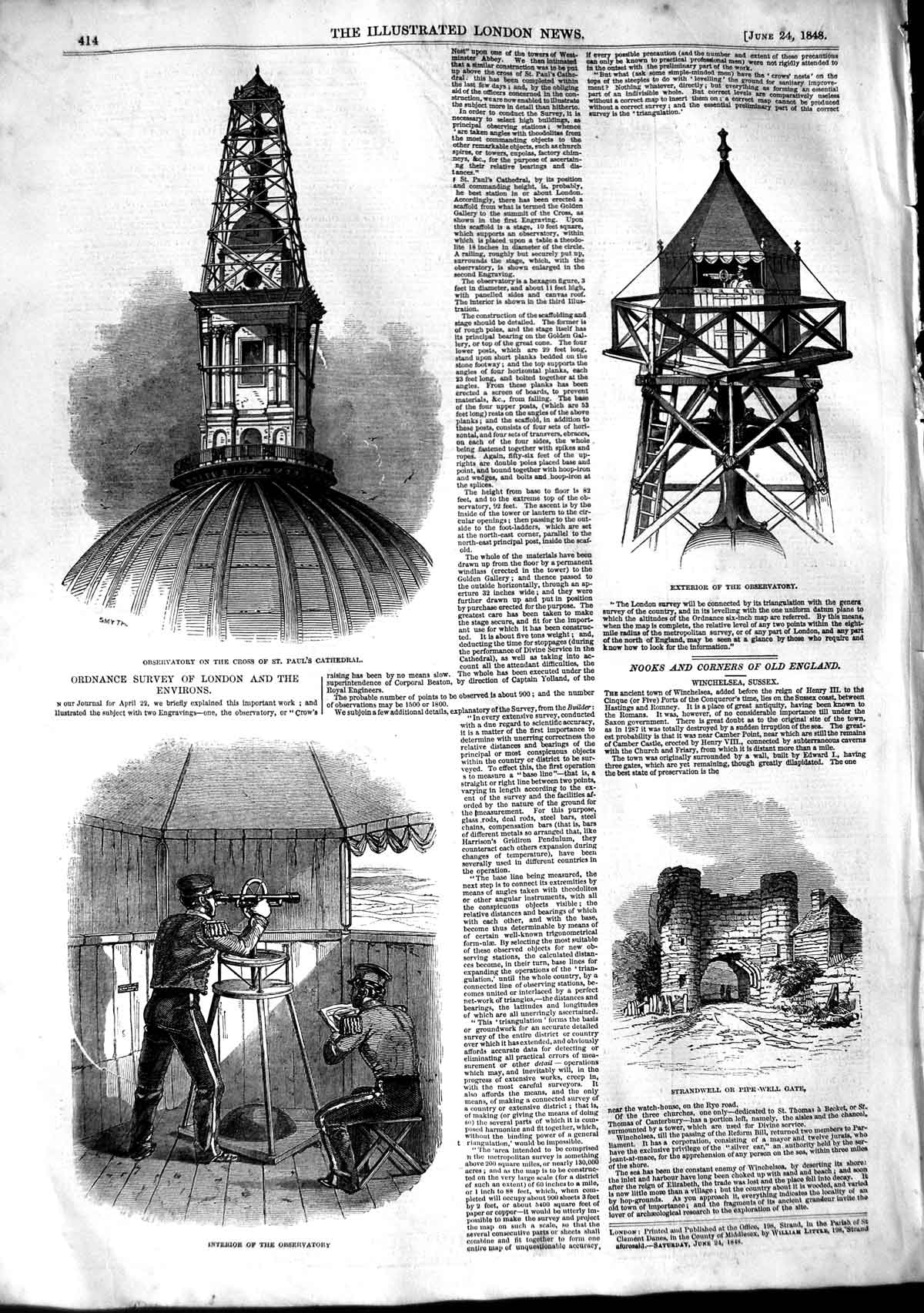 Old Antique Print 1848 Observatory Paul'S Cathedral Strandwell Pipe-Well 19th