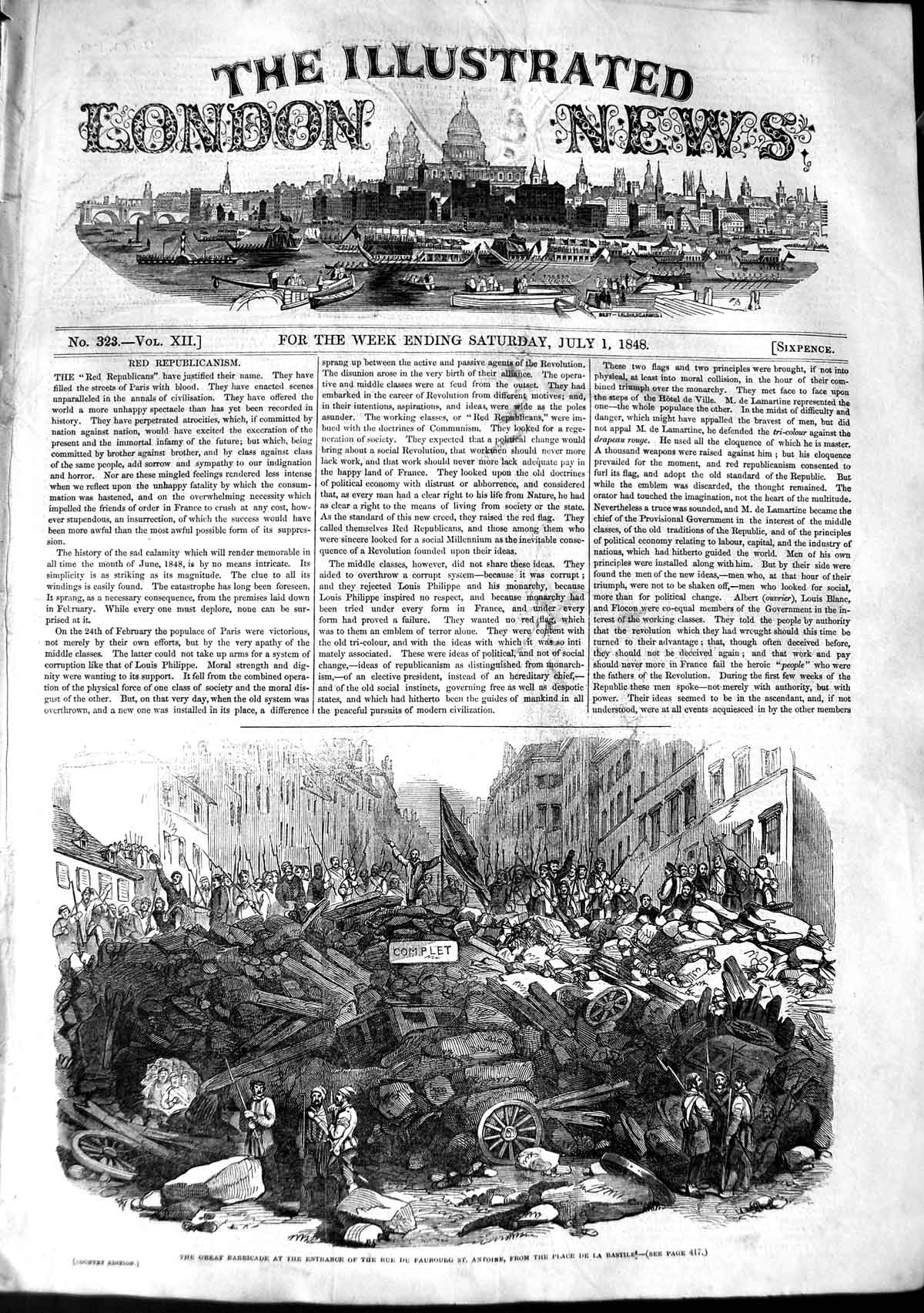 Original Old Antique Print 1848 Great Barricade Rue Faubourg Antoine Bastille