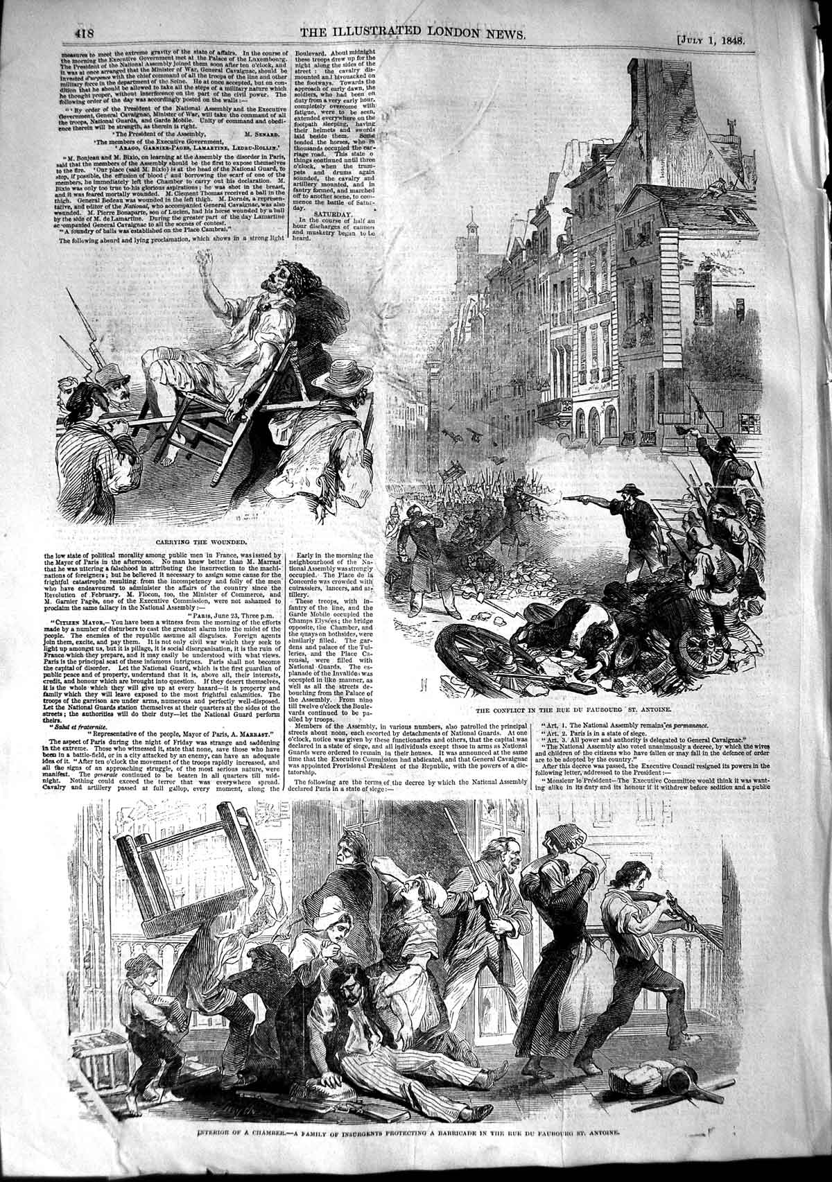 Original Old Antique Print 1848 Conflict Faubourg Antoine Insurgents Faubourg