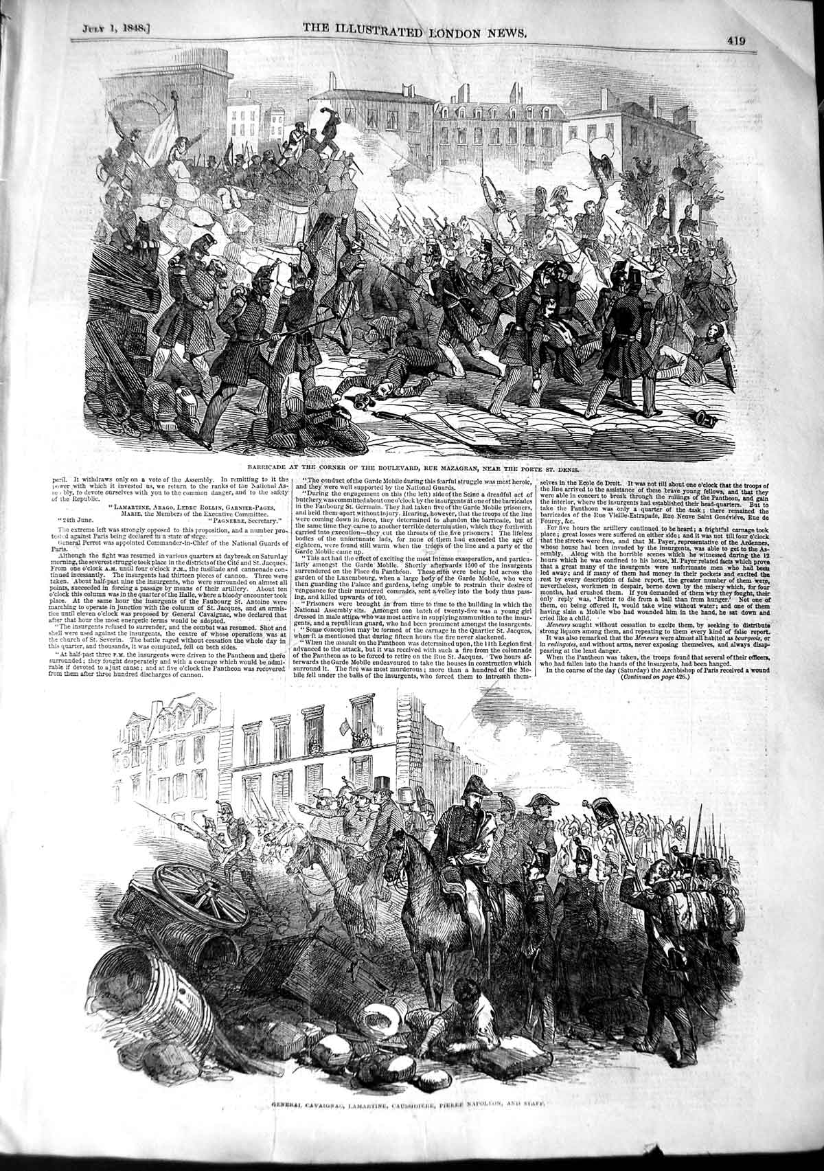 Original Old Antique Print 1848 General Cavaignac Lamartine Napoleon Port Denis