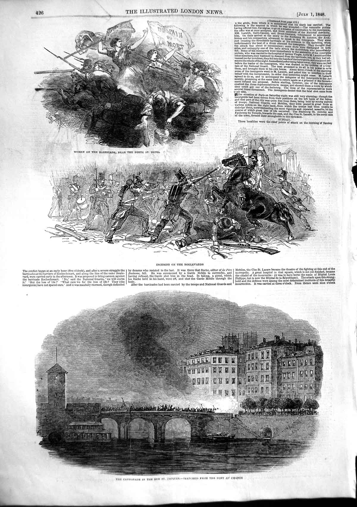 Old Antique Print 1848 Cannonade Rue Jacques Pont Change Porte Denis War 19th