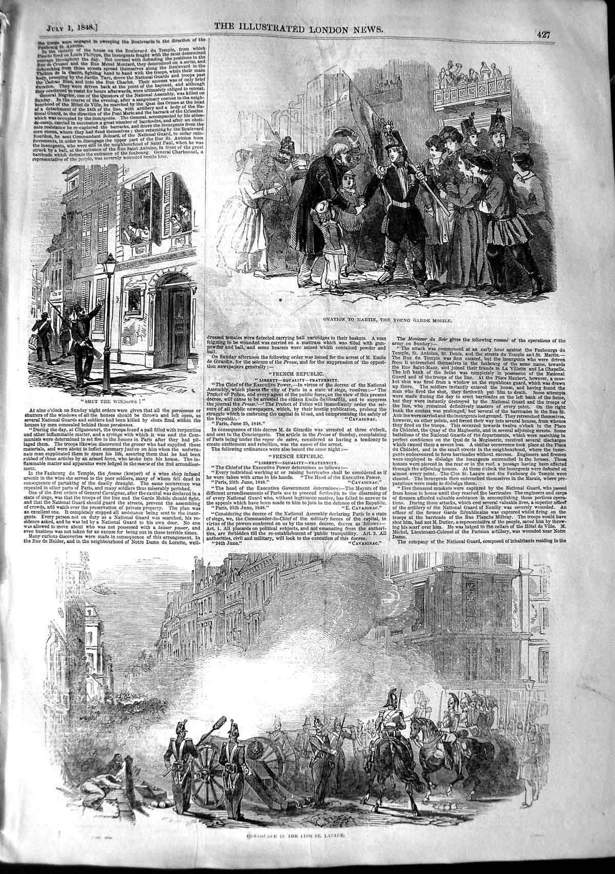 Old Antique Print 1848 Cannonade St. Lazare War Young Garde Mobile Army 19th