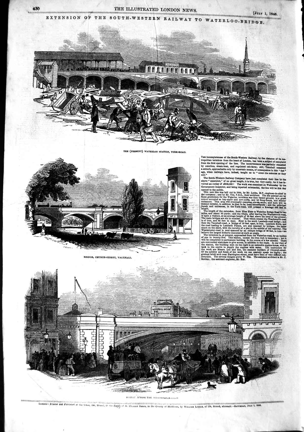 Old Antique Print 1848 Western Railway Waterloo Bridge Westminster Road 19th
