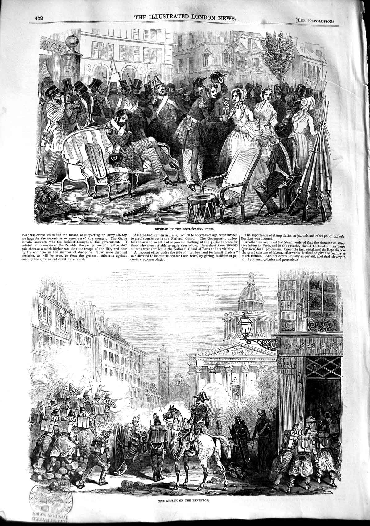 Original Old Antique Print 1848 Bivouac Boulevards Paris Attack Pantheon Siers