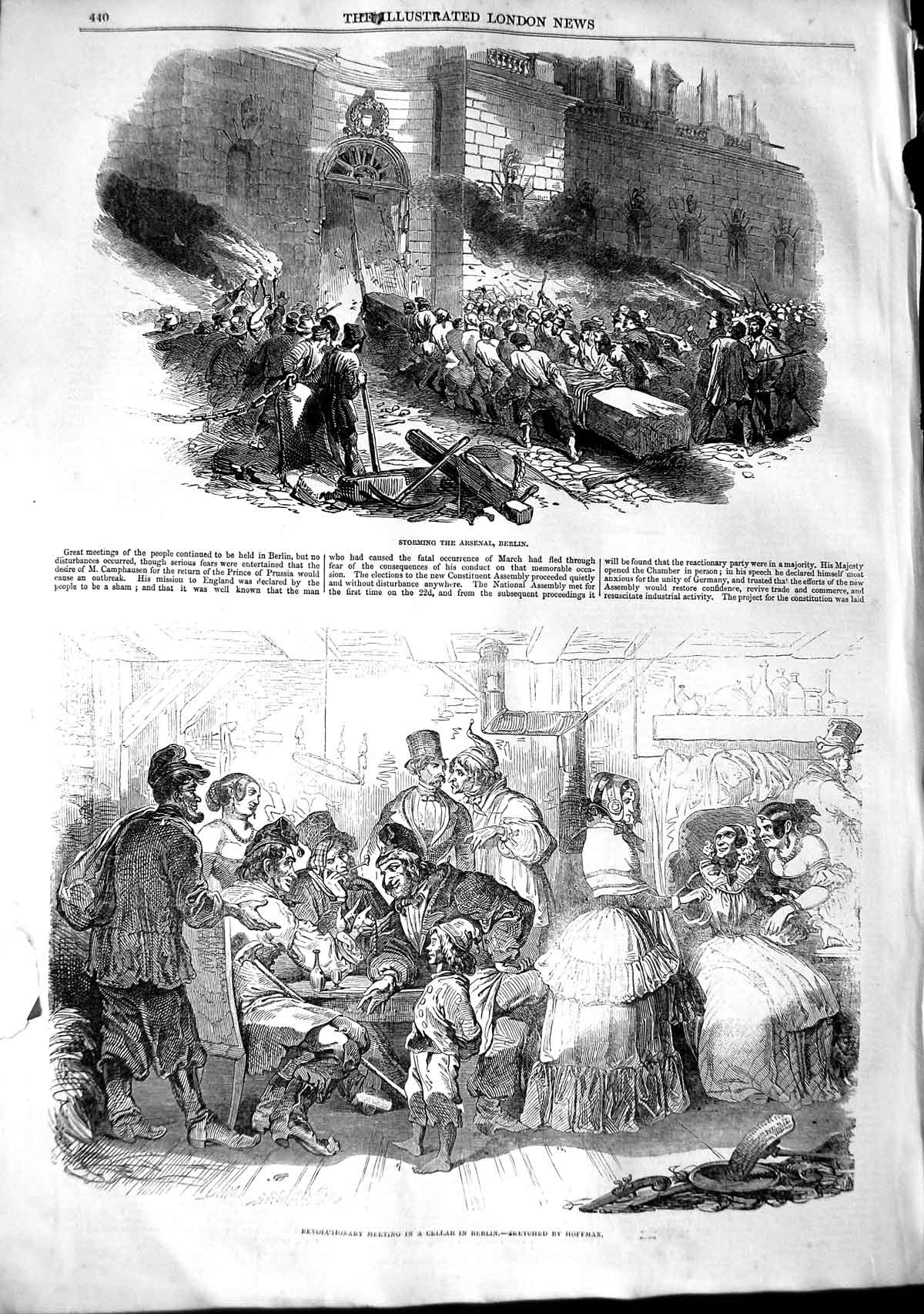 Original Old Antique Print 1848 Storming Arsenal Berlin Revolutionary Meeting