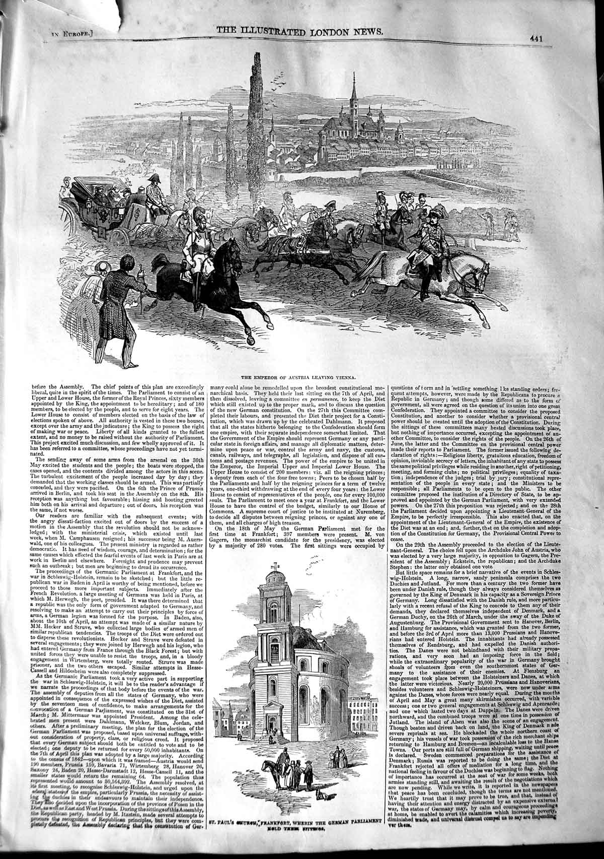 Original Old Antique Print 1848 Emperor Austria Vienna Paul'S Church Frankfort