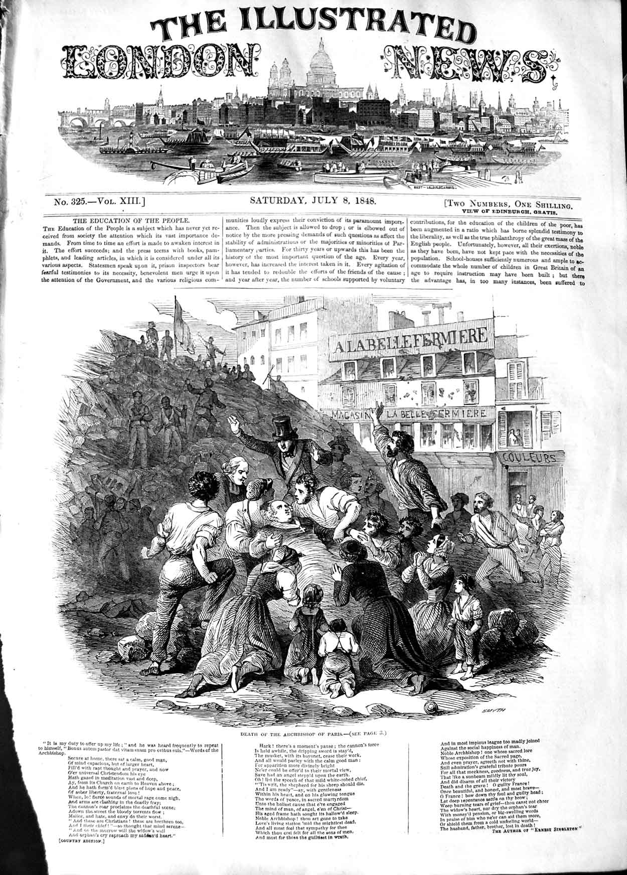 Original Old Antique Print 1848 Scene Death Archbishop Paris France Victorian