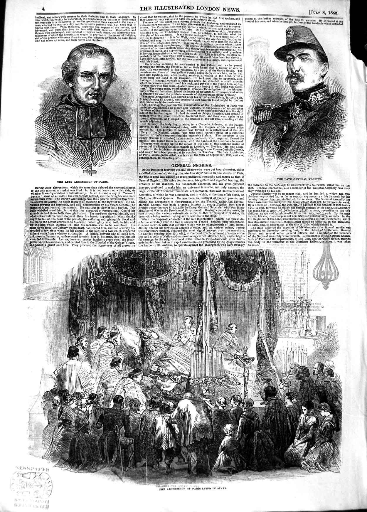 Original Old Antique Print 1848 Archbishop Paris Body General Negrier France