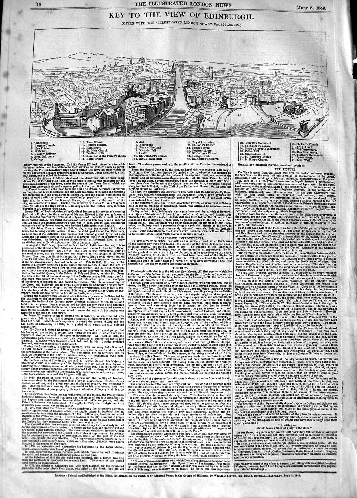 Original Old Antique Print 1848 Key View Edinburgh Cannongate Bank Scotland 19th