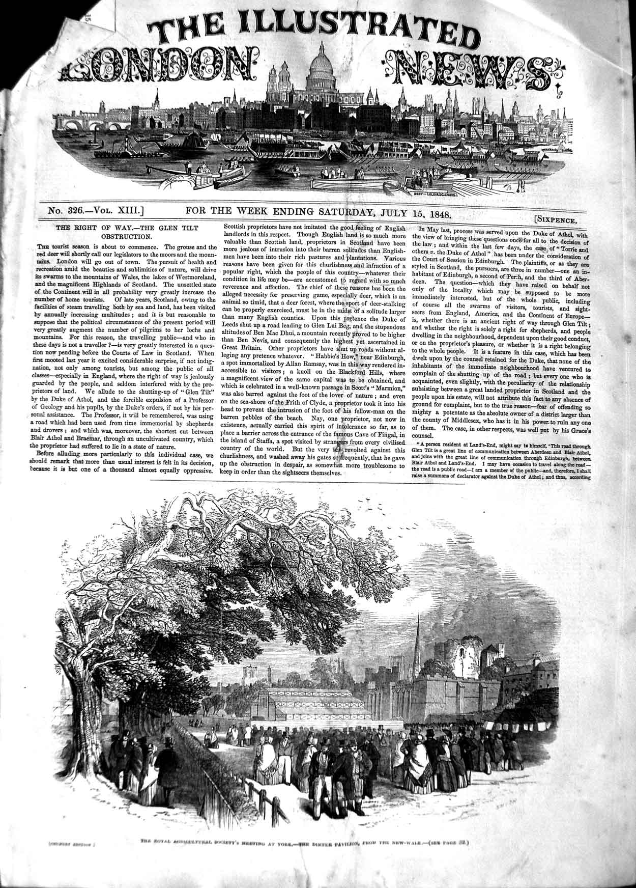 Original Old Antique Print 1848 Royal Agricultural Society York Dinner Pavilion