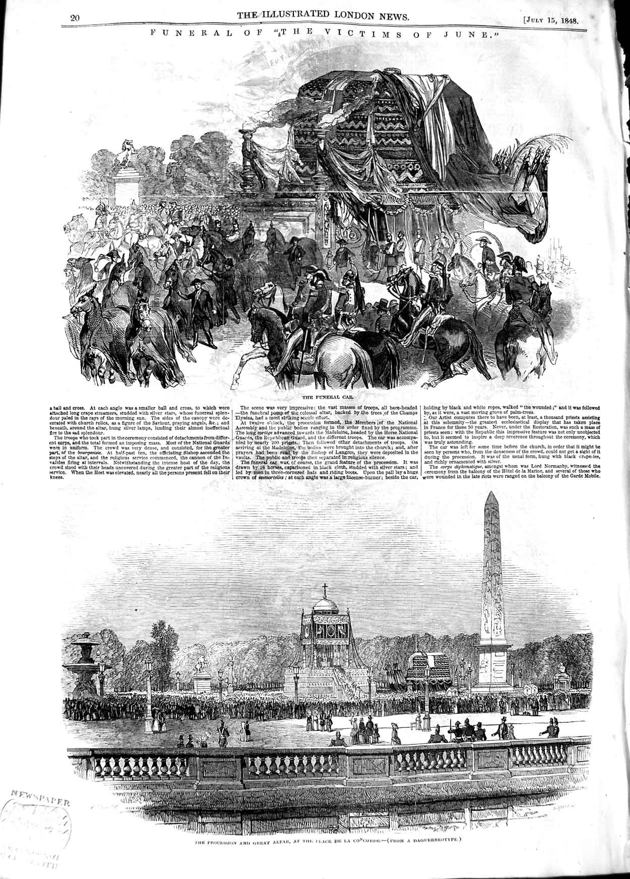 Old Antique Print 1848 Funeral Car Victims June Altar Place De Concorde 19th