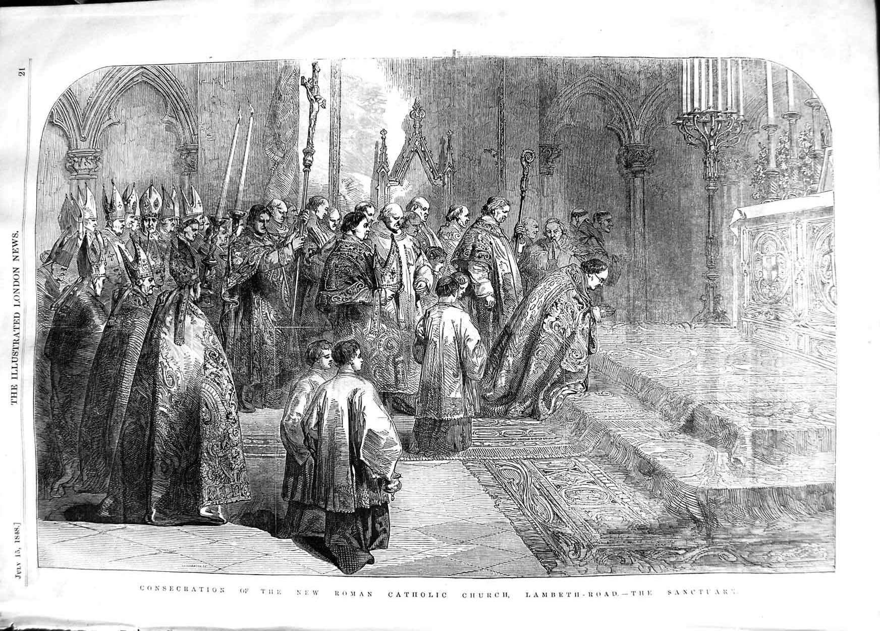 Original Old Antique Print 1848 Consecration New Roman Catholic Church Lambeth