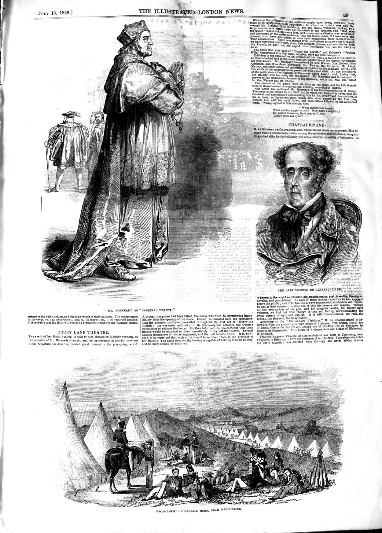Original Old Antique Print 1848 Macready Cardinal Wolsey Kersall Moor Man 19th