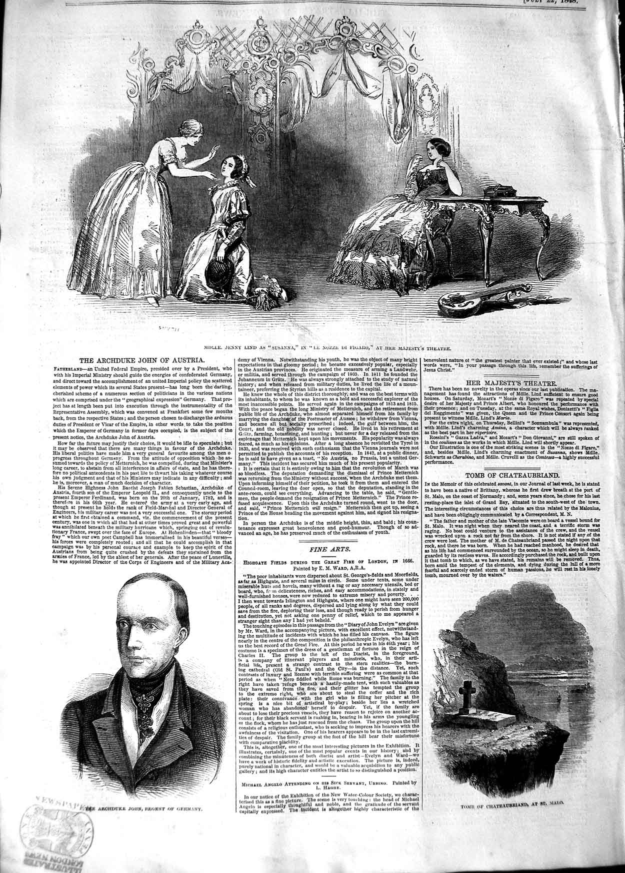 Old Antique Print 1848 Jenny Lind Susanna Theatre Archduke Regent St.Malo 19th