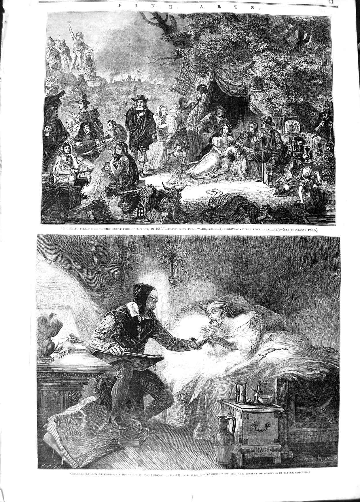 Old Antique Print 1848 Michael Angelo Servant Urbino Highgate Fields Fire 19th