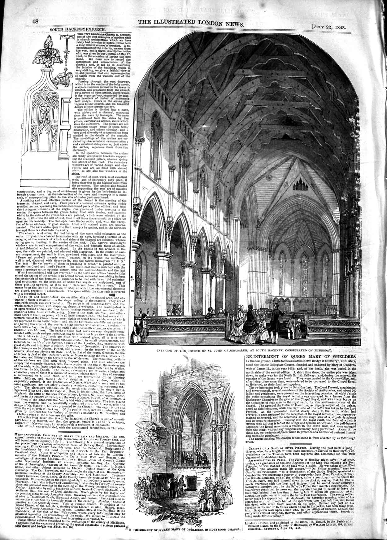 Original Old Antique Print 1848 Church John Jerusalem Hackney Holyrood Victorian