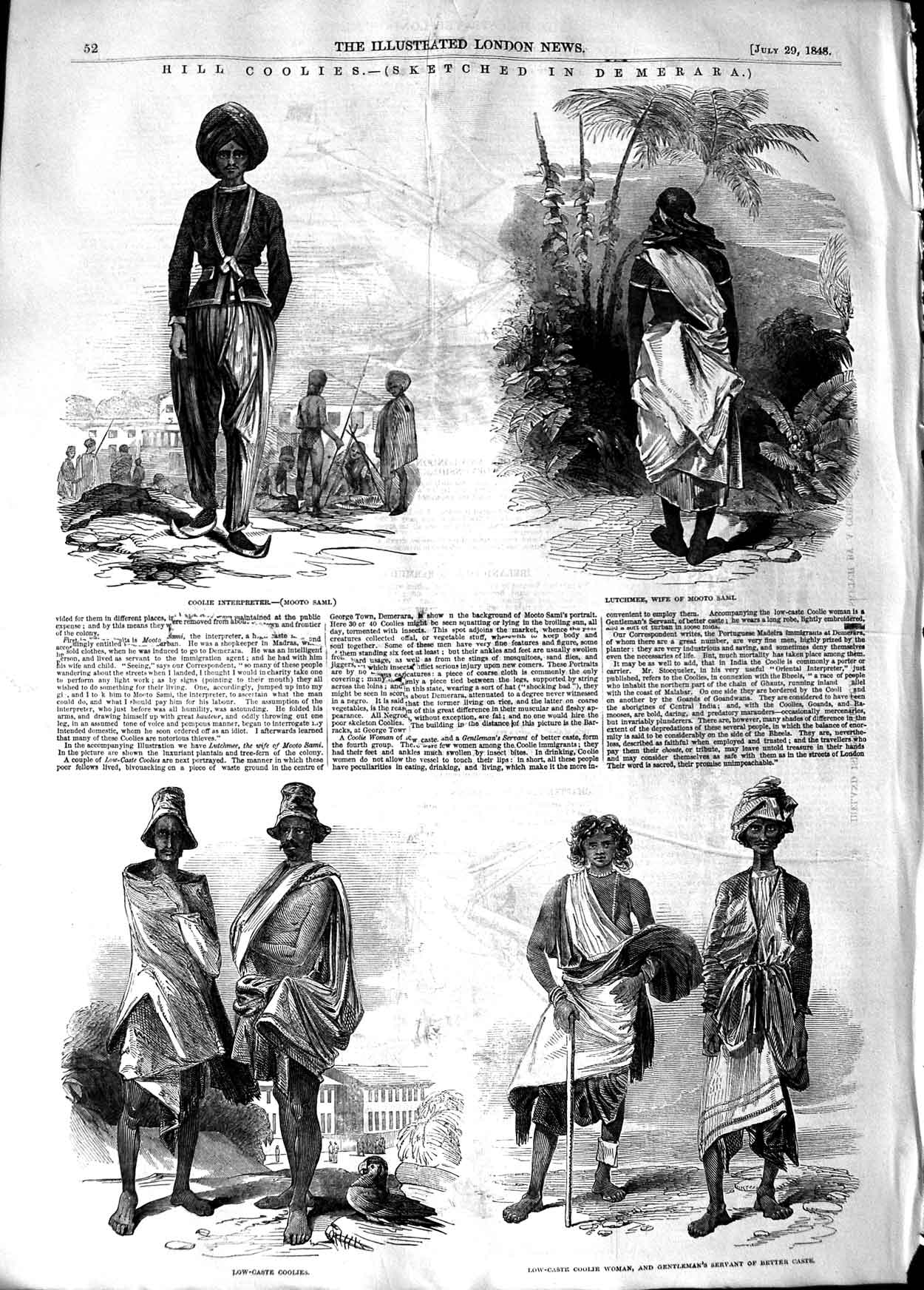 Original Old Antique Print 1848 Hill Coolies Mooto Sami D 19th Century