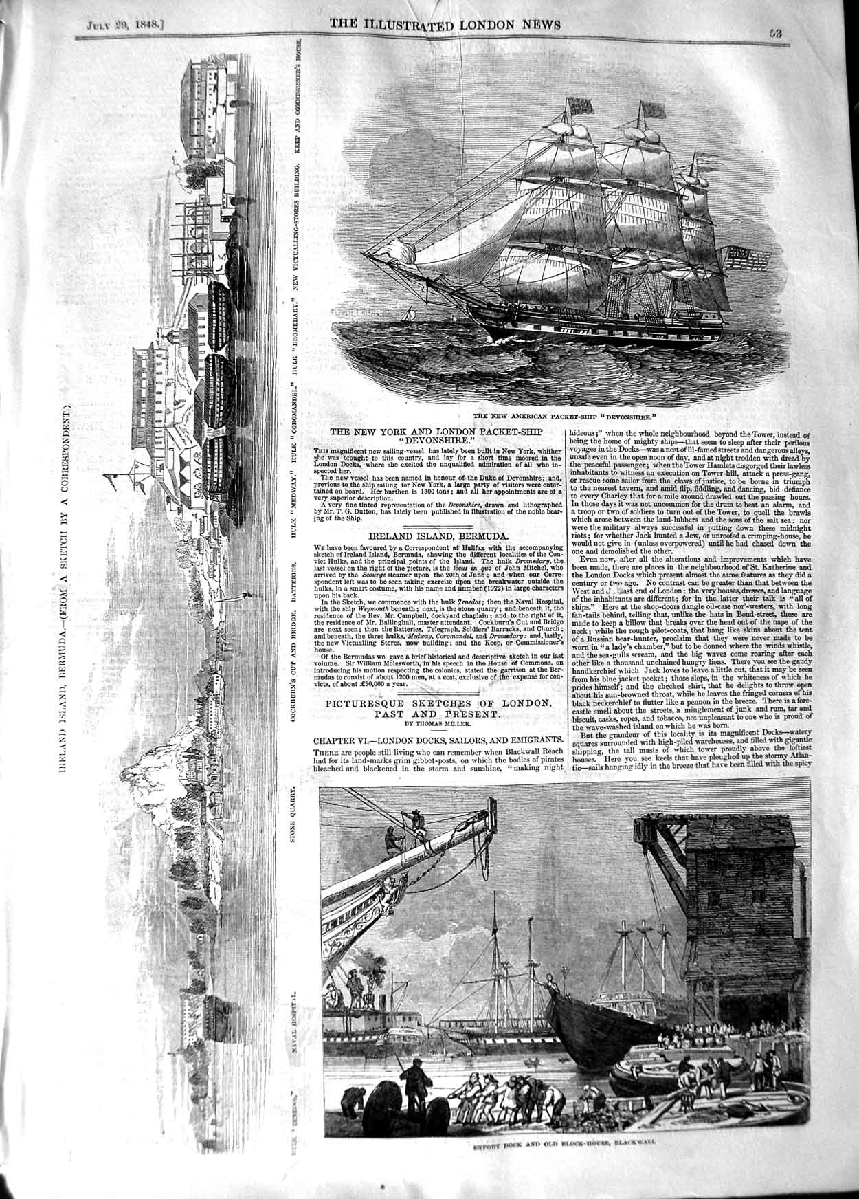 Old Antique Print 1848 Packet Ship Devonshire Dock Blackwall Bermuda Hulk 19th