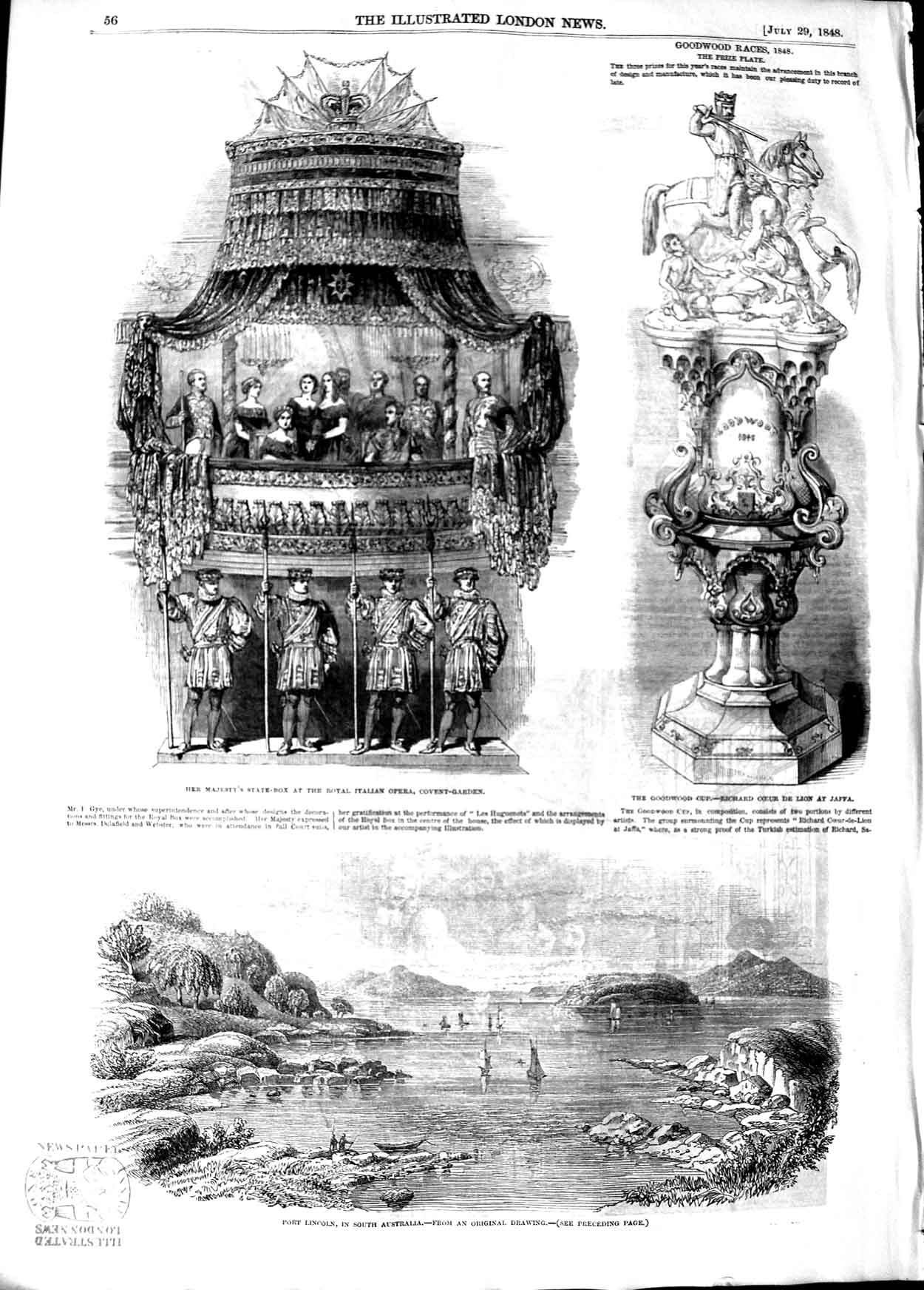 Original Old Antique Print 1848 Queen State-Box Italian Opera Lincoln Australia