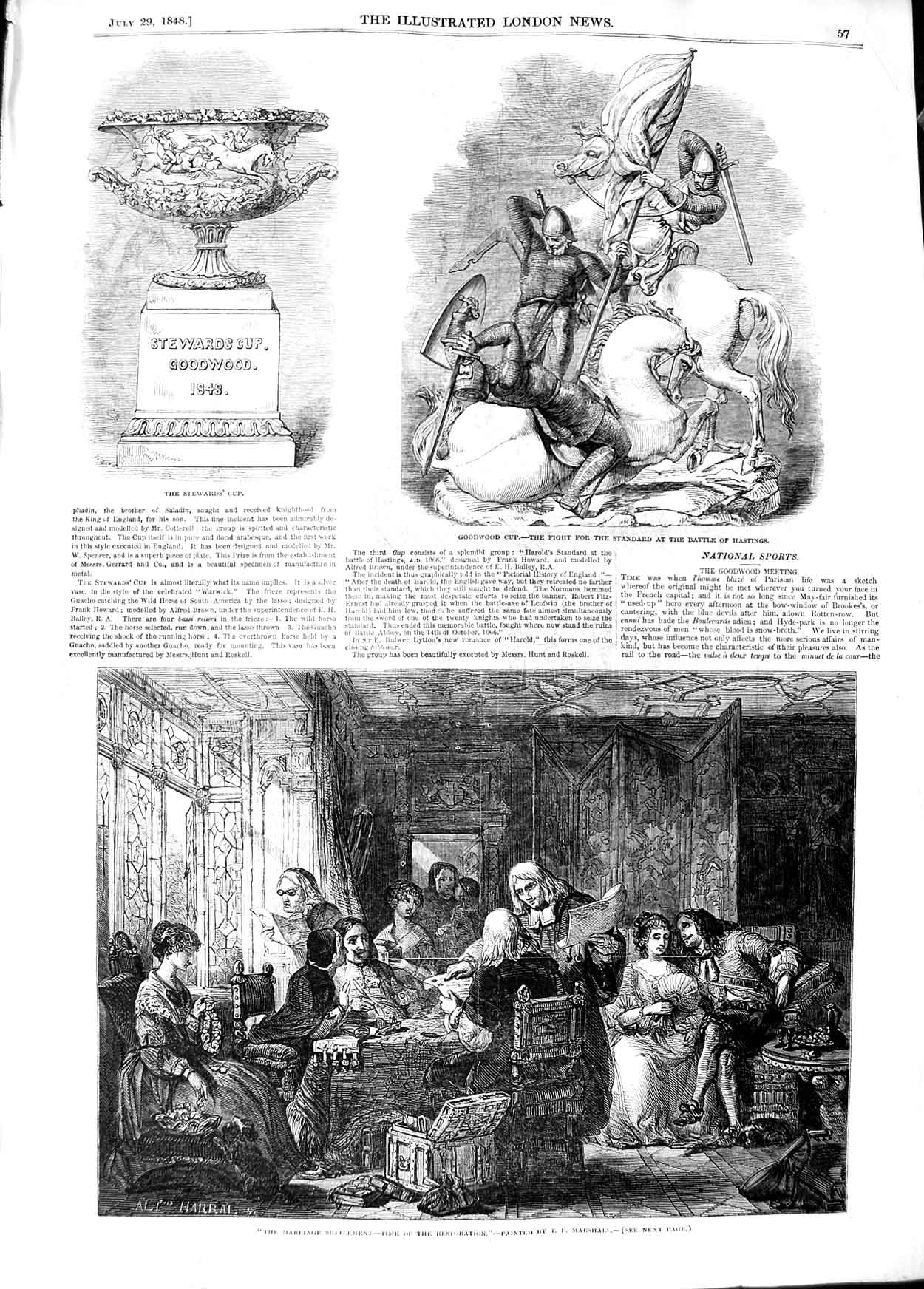 Original Old Antique Print 1848 Goodwood Stewards Cup Battle Hastings Standard