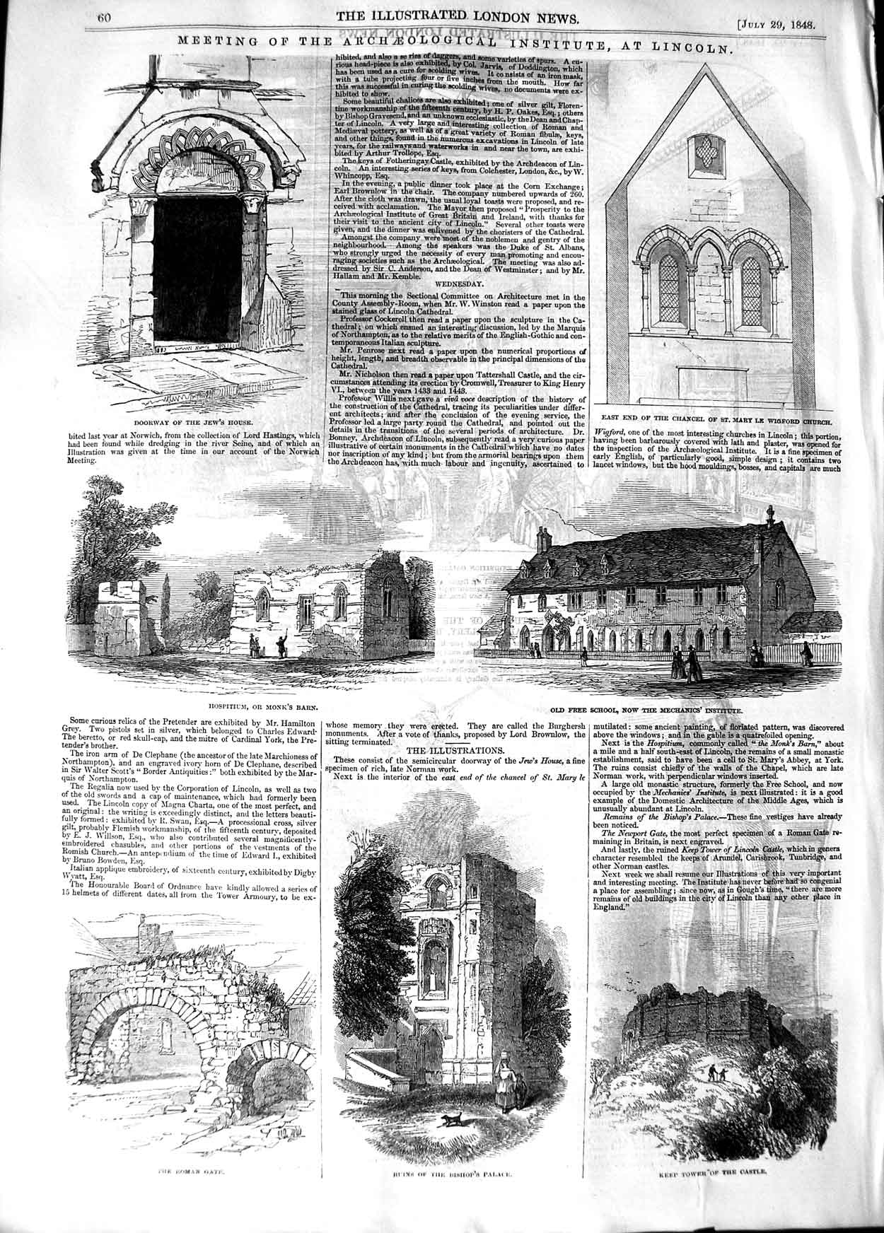 Original Old Antique Print 1848 Archaeology Lincoln Monk'S Barn Bishop'S Palace