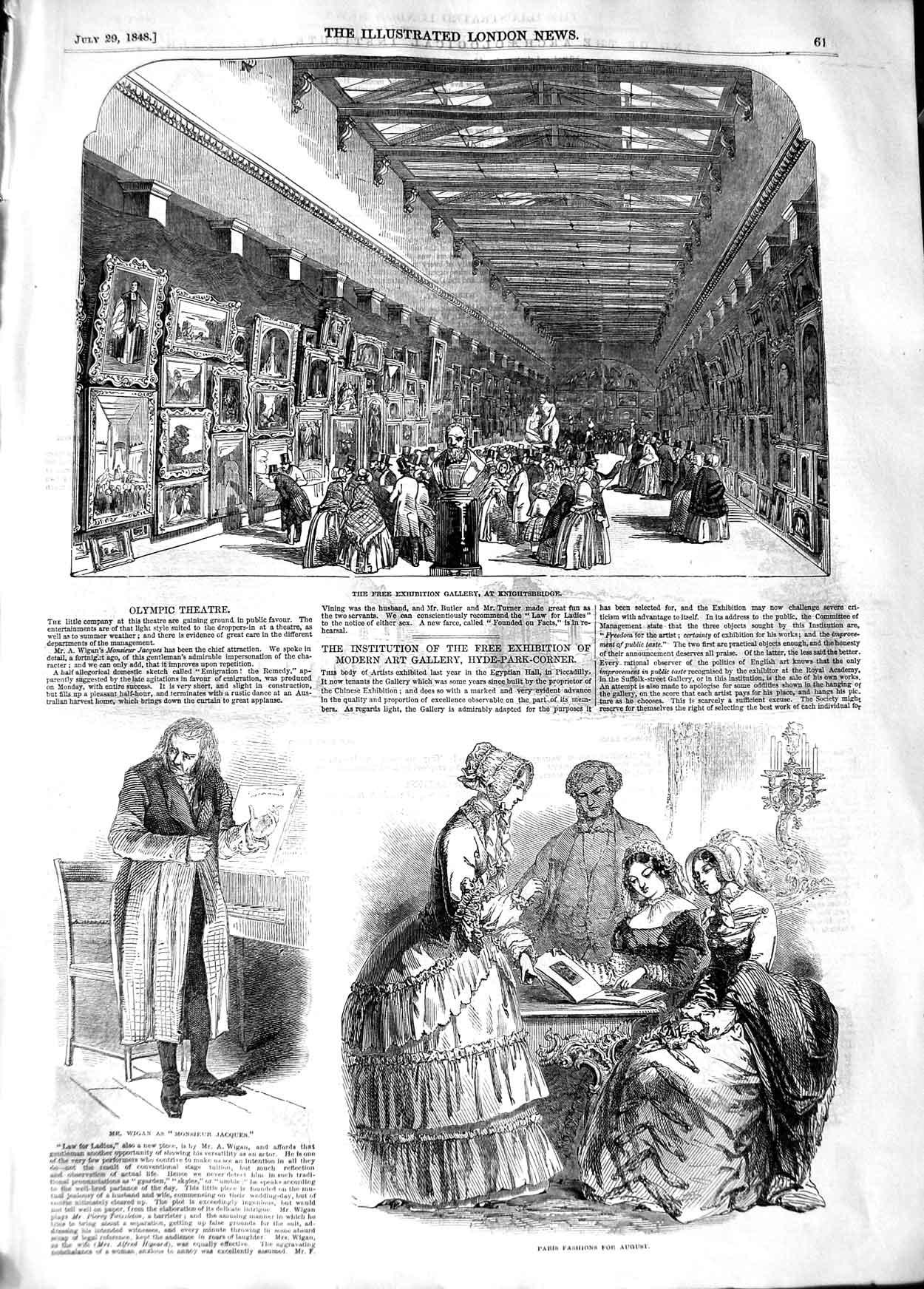 Original Old Antique Print 1848 Exhibition Gallery Knightsbridge Wigan Jacques