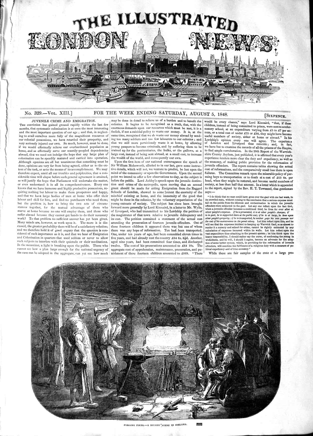 Original Old Antique Print 1848 Scene Ireland Forging Pikes Metal-Work 19th