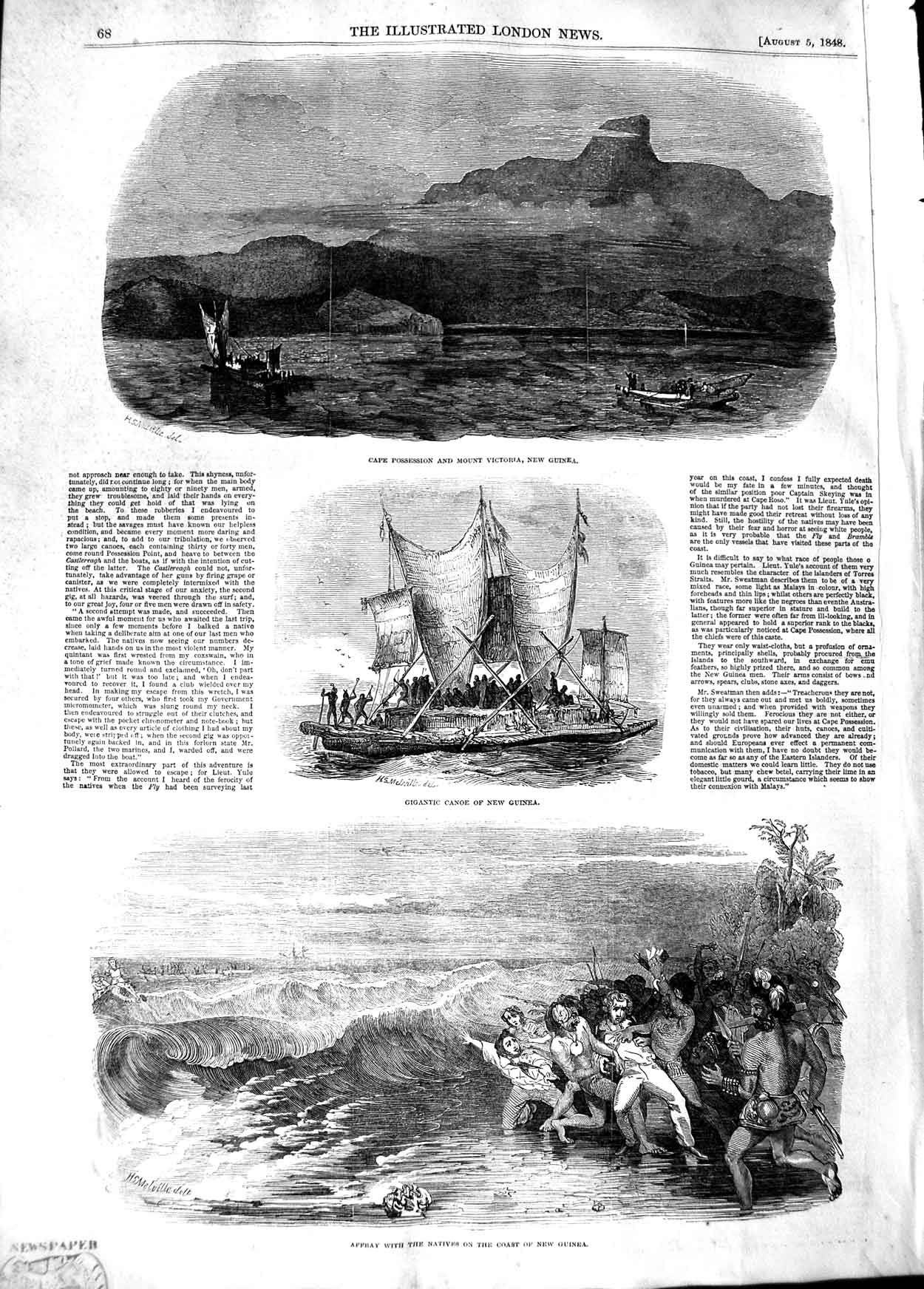 Original Old Antique Print 1848 Mount Victoria New Guinea Canoe Affray Natives
