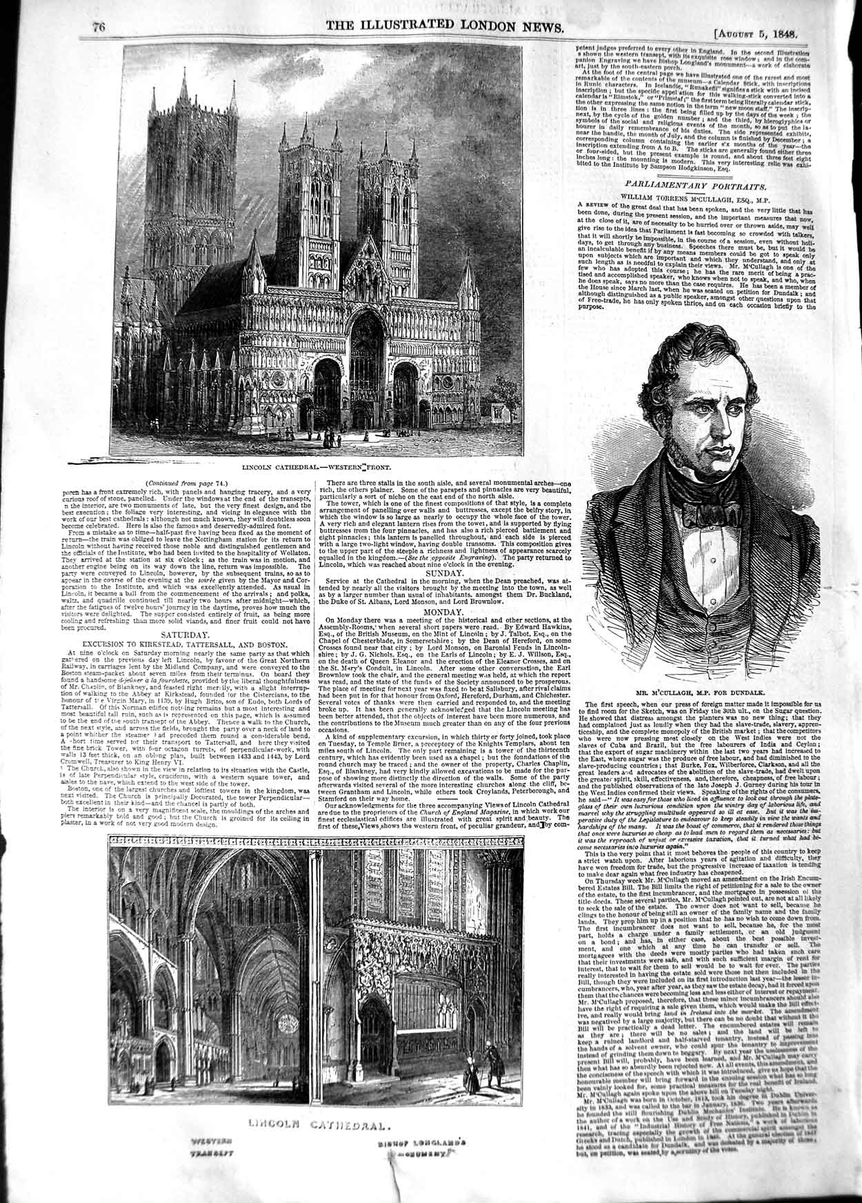Original Old Antique Print 1848 Lincoln Cathedral M'Cullagh M.P. Dund Victorian