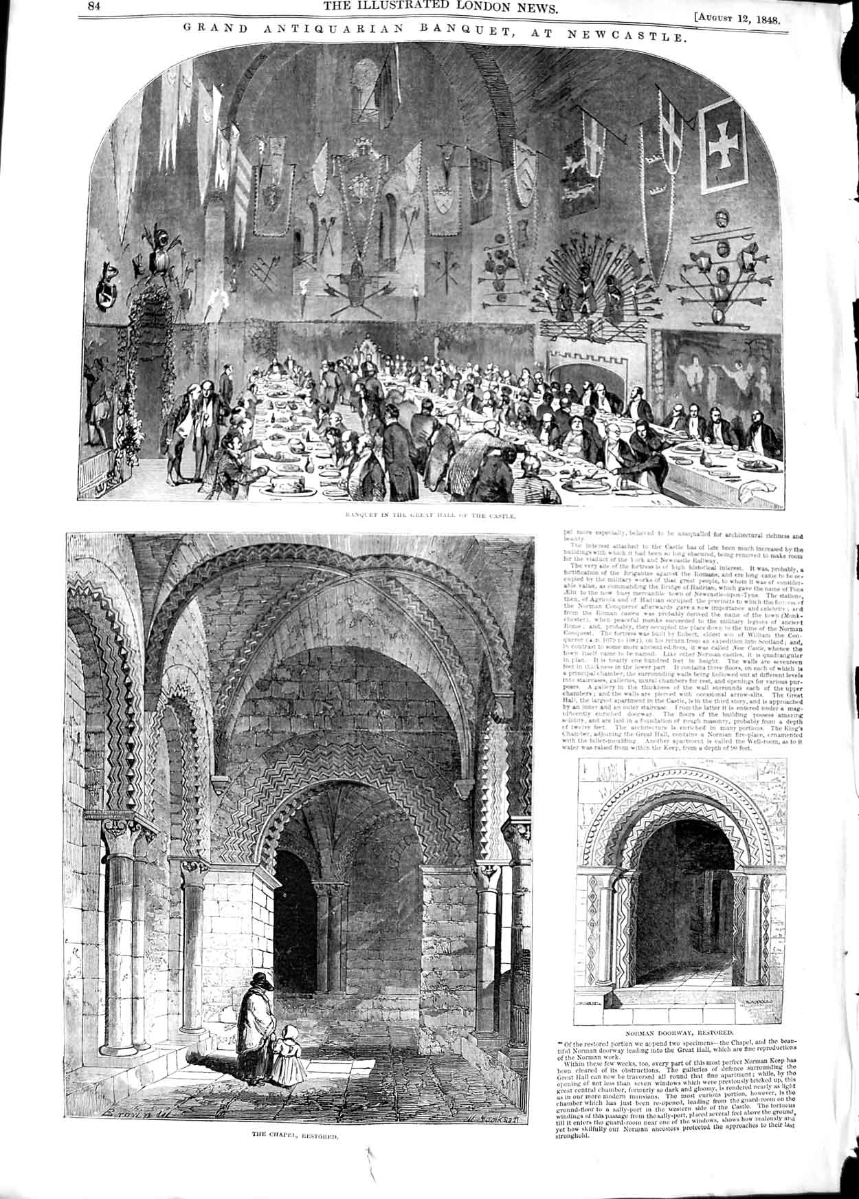 Old Antique Print 1848 Antiquarian Banquet Newcastle Castle Chapel Norman 19th