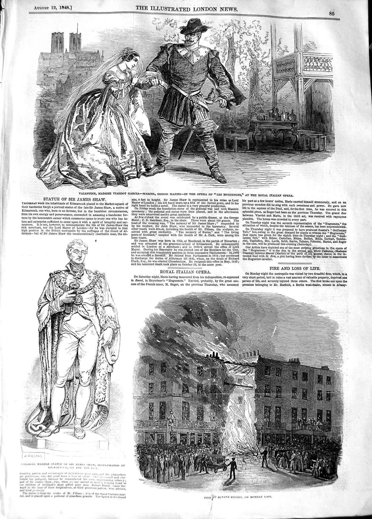Old Antique Print 1848 Royal Italian Opera Statue Shaw Albany Street Fire 19th