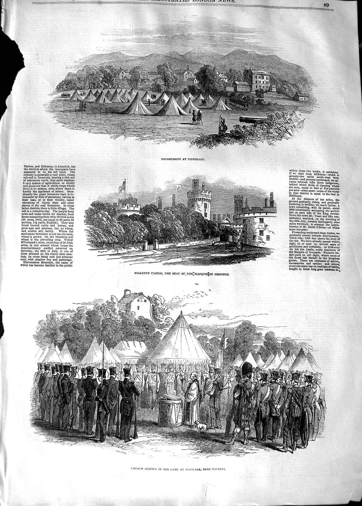 Original Old Antique Print 1848 Kilkenny Castle Marquis Ormonde Tipperar 19th