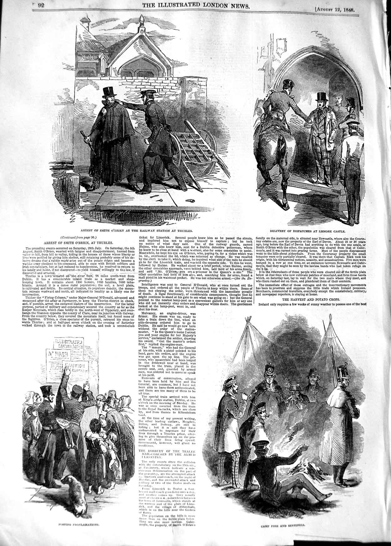 Old Antique Print 1848 O'Brien Railway Thurles Lismore Castle Sentinels 19th