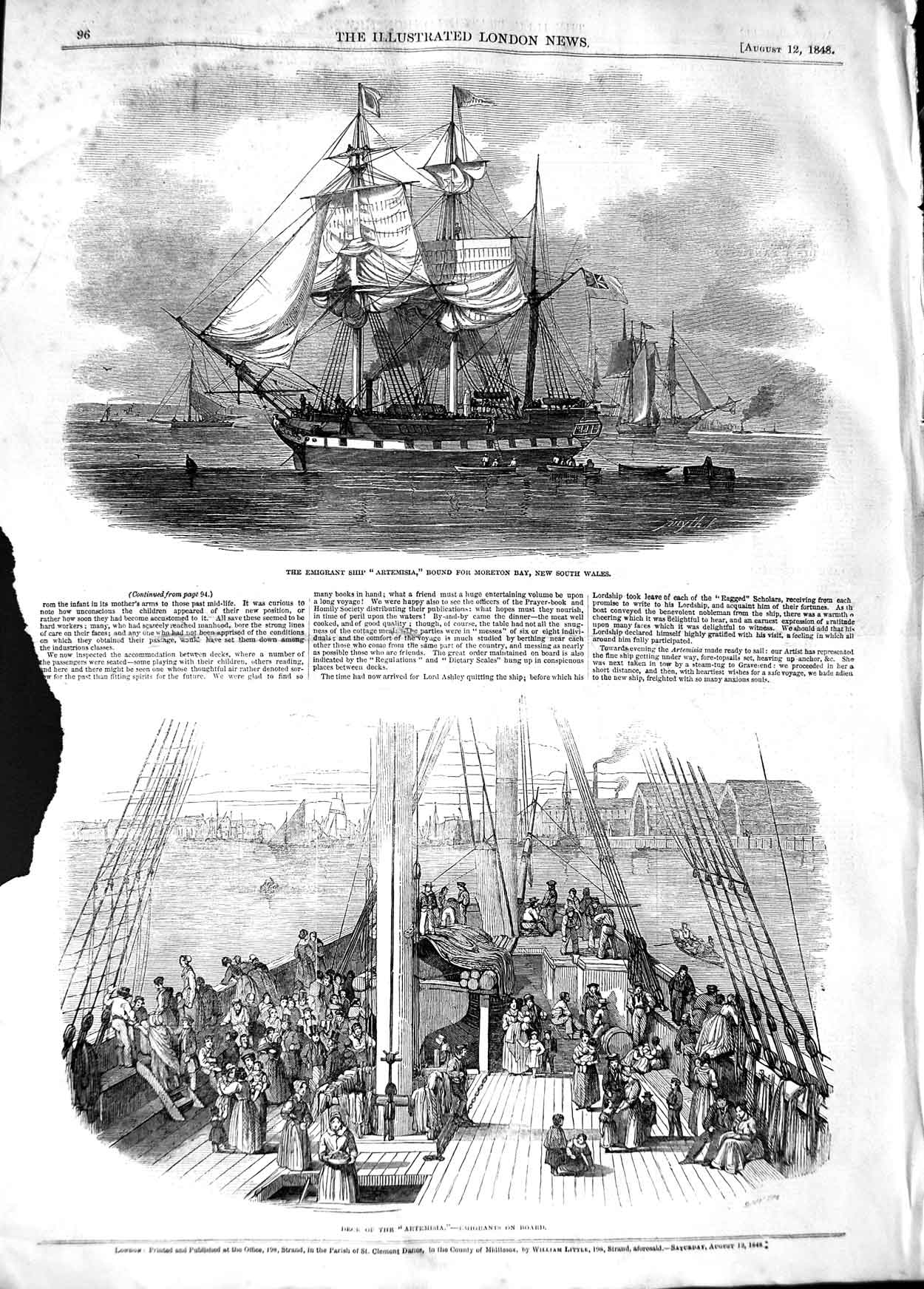 Original Old Antique Print 1848 Emigrant Ship Artemisia Moreton Bay Au Victorian