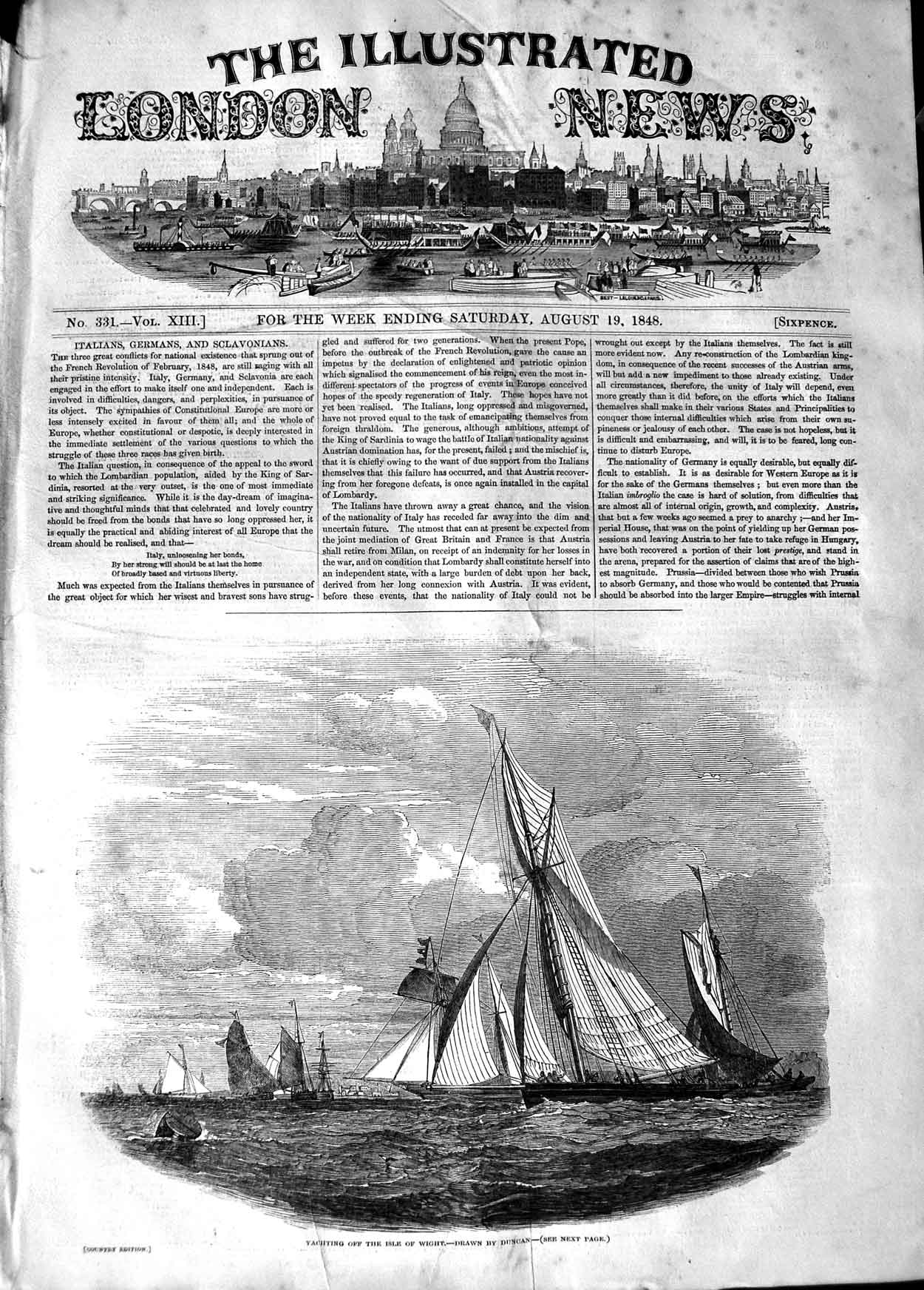 Original Old Antique Print 1848 Yachting Isle Wight Boats Sailing 19th