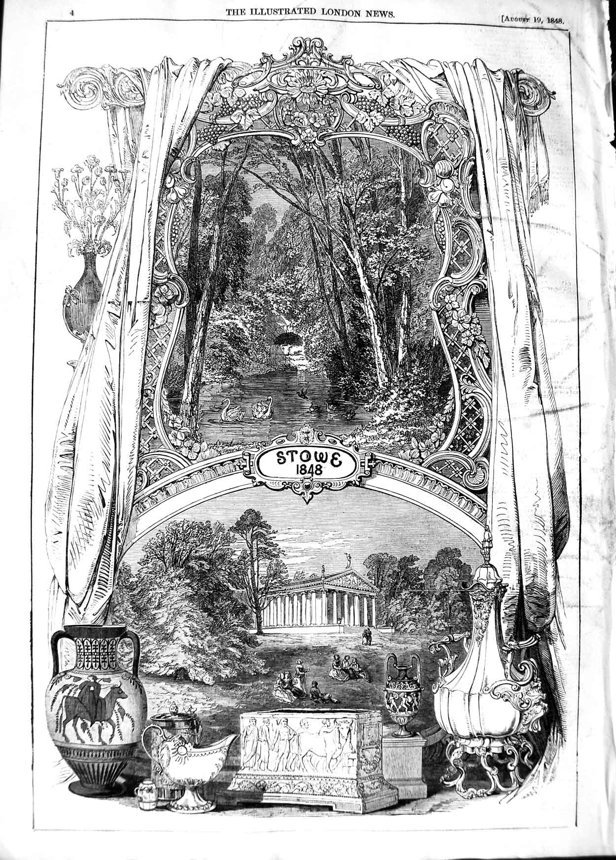 Original Old Antique Print 1848 Stowe Sale S Vase Charles Crystal Victorian