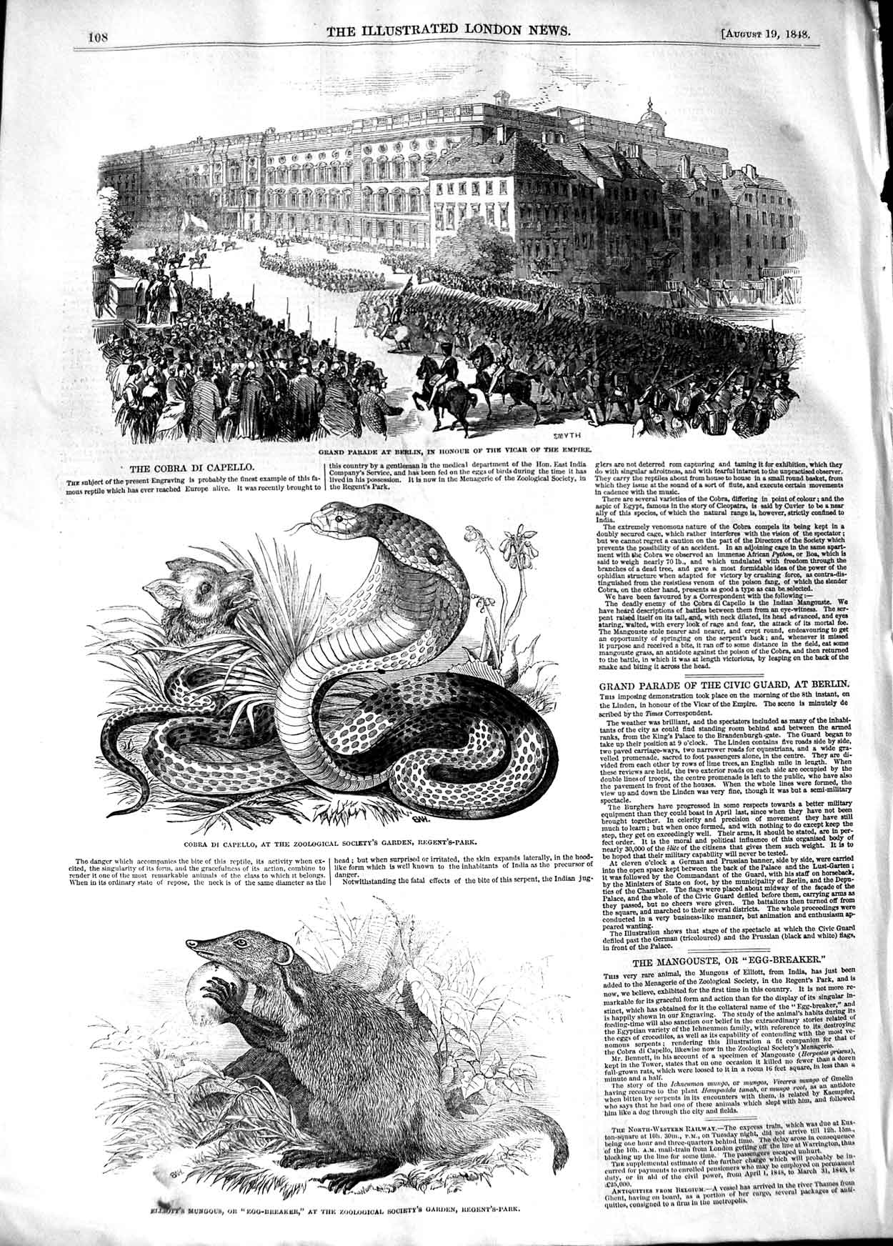 Original Old Antique Print 1848 Parade Berlin Cobra Capello Egg-Breaker Animals